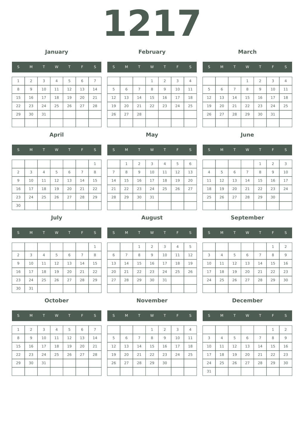 Printable 1217 Year Calendars feldgrau