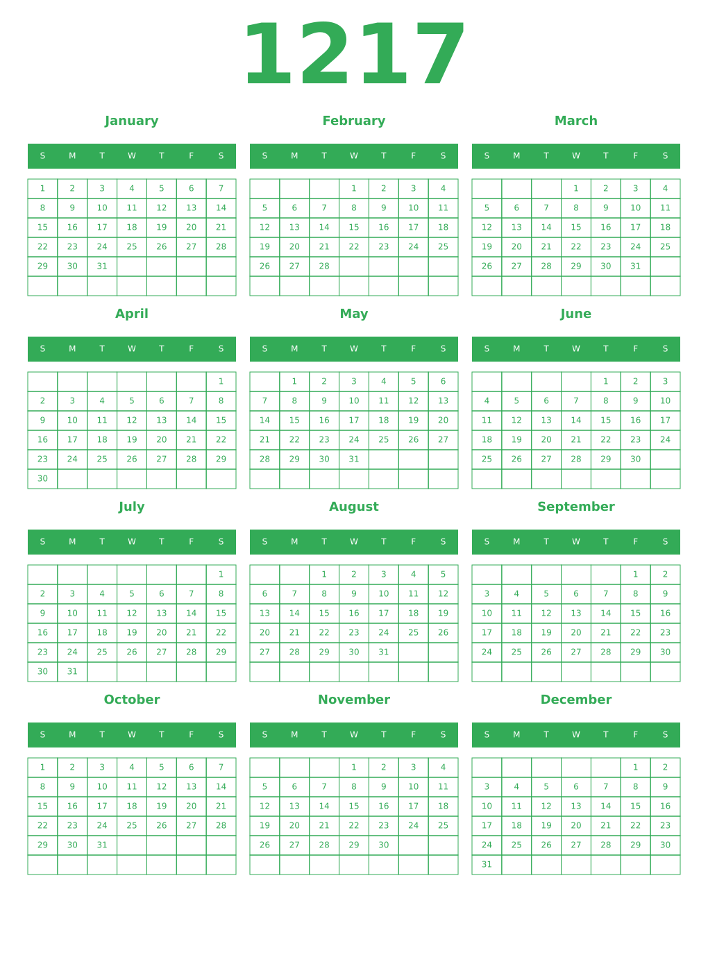 Printable 1217 Year Calendars green
