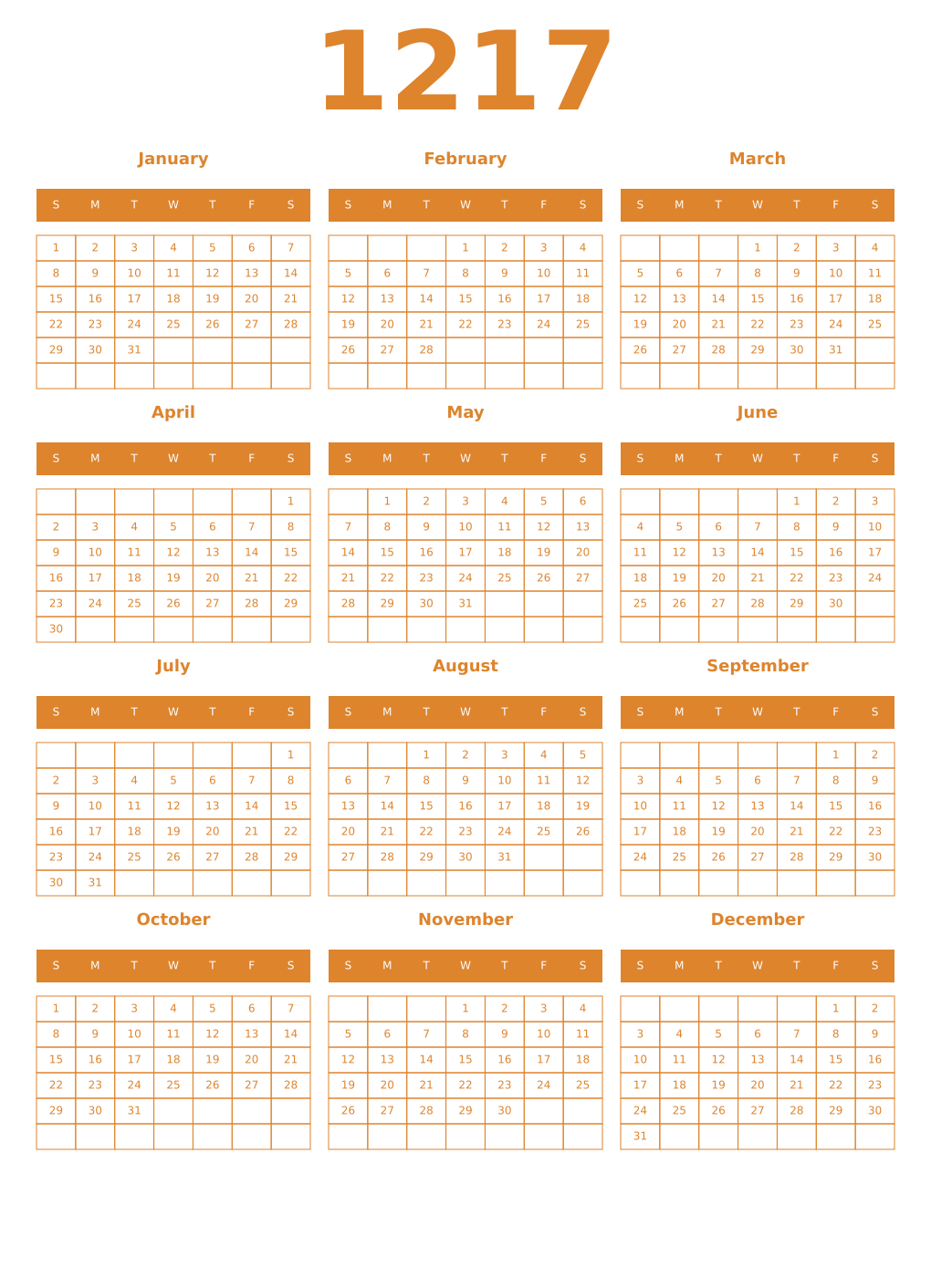 Printable 1217 Year Calendars orange