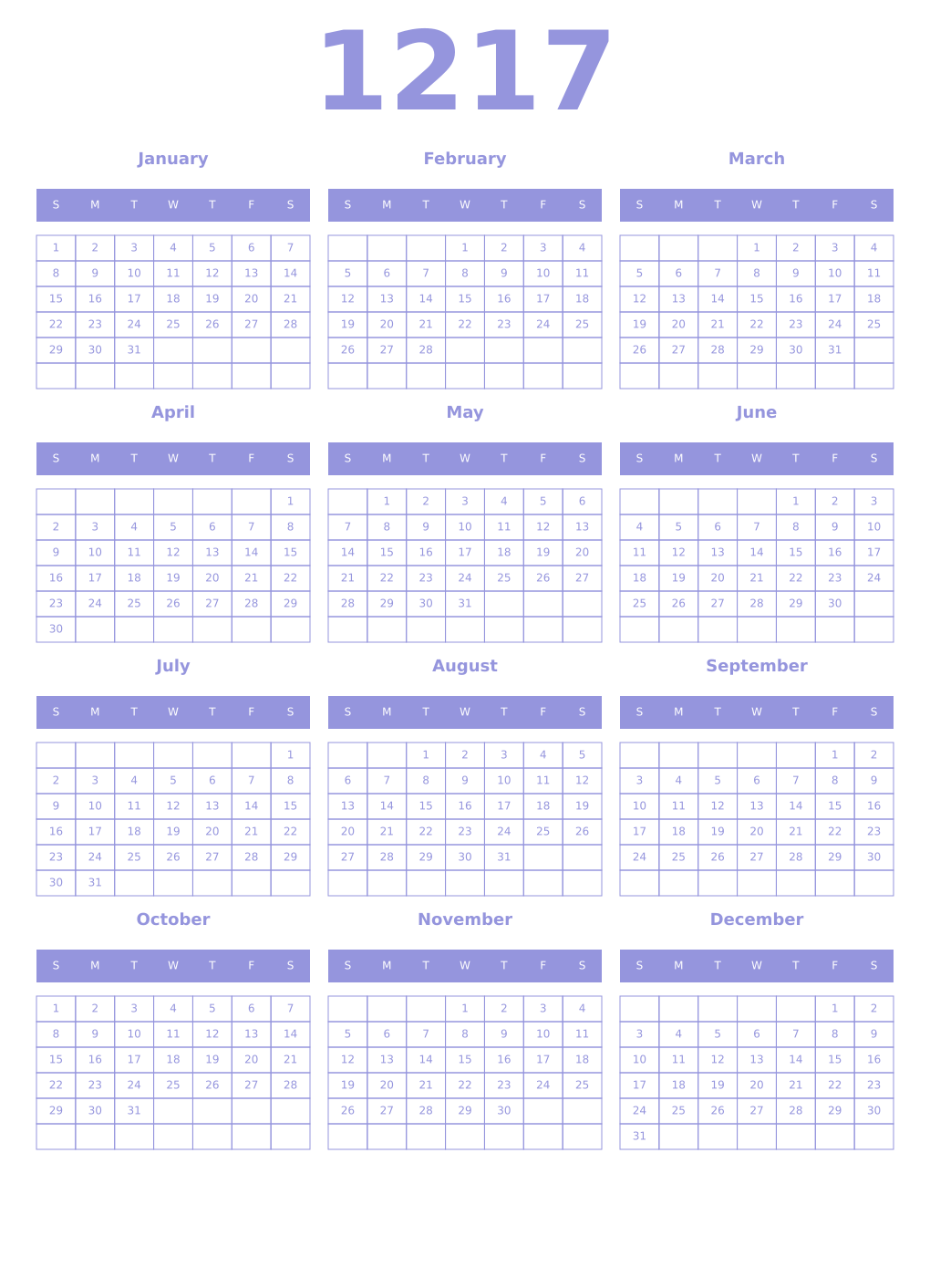 Printable 1217 Year Calendars periwinkle