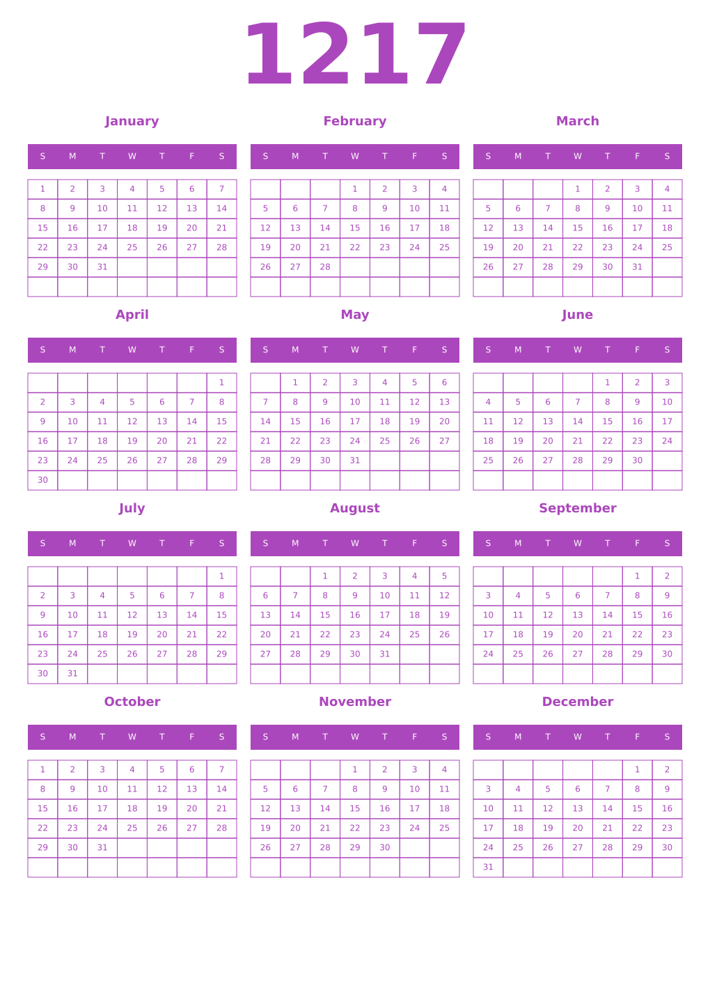 Printable 1217 Year Calendars purple