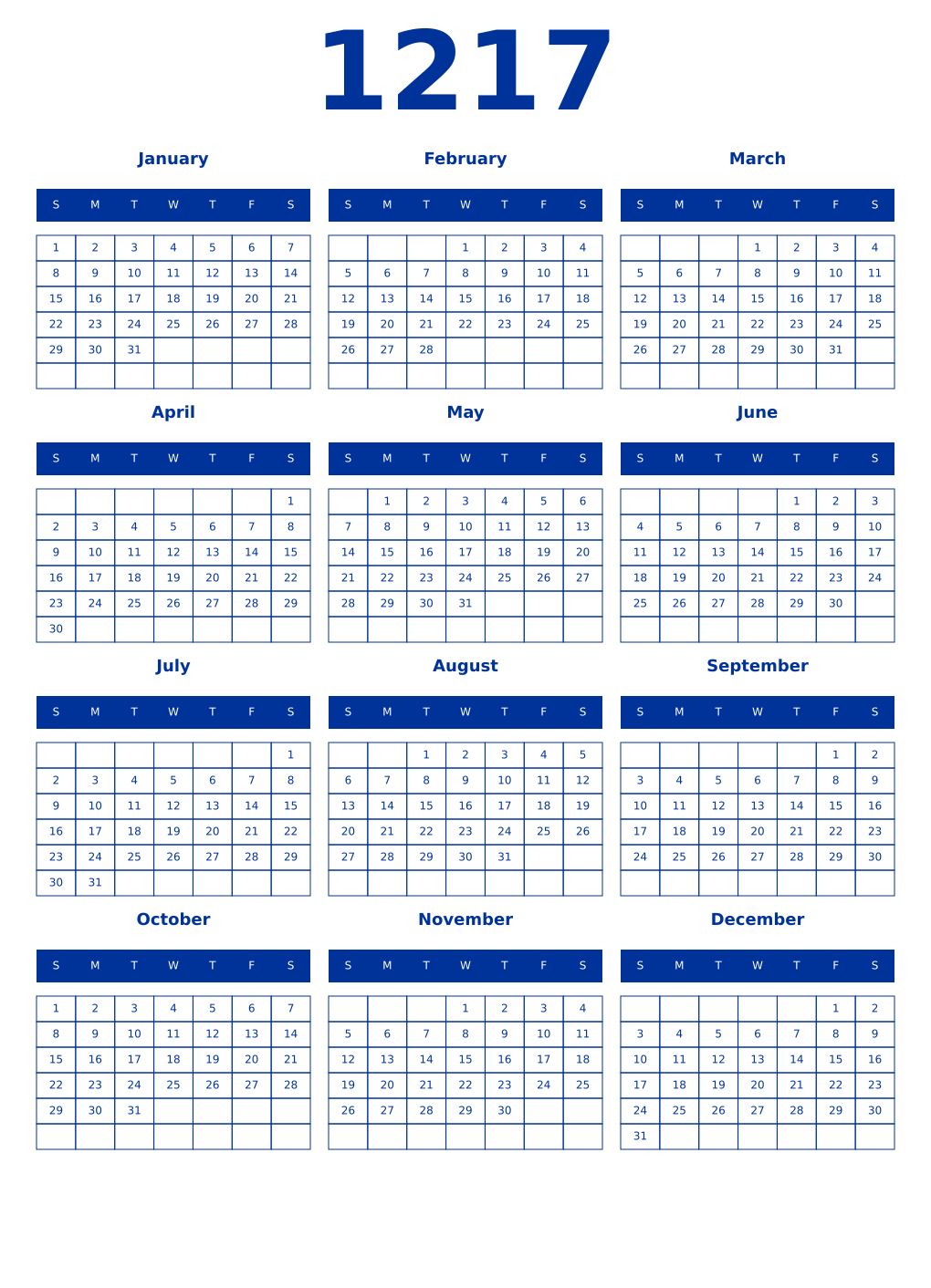 Printable 1217 Year Calendars smalt