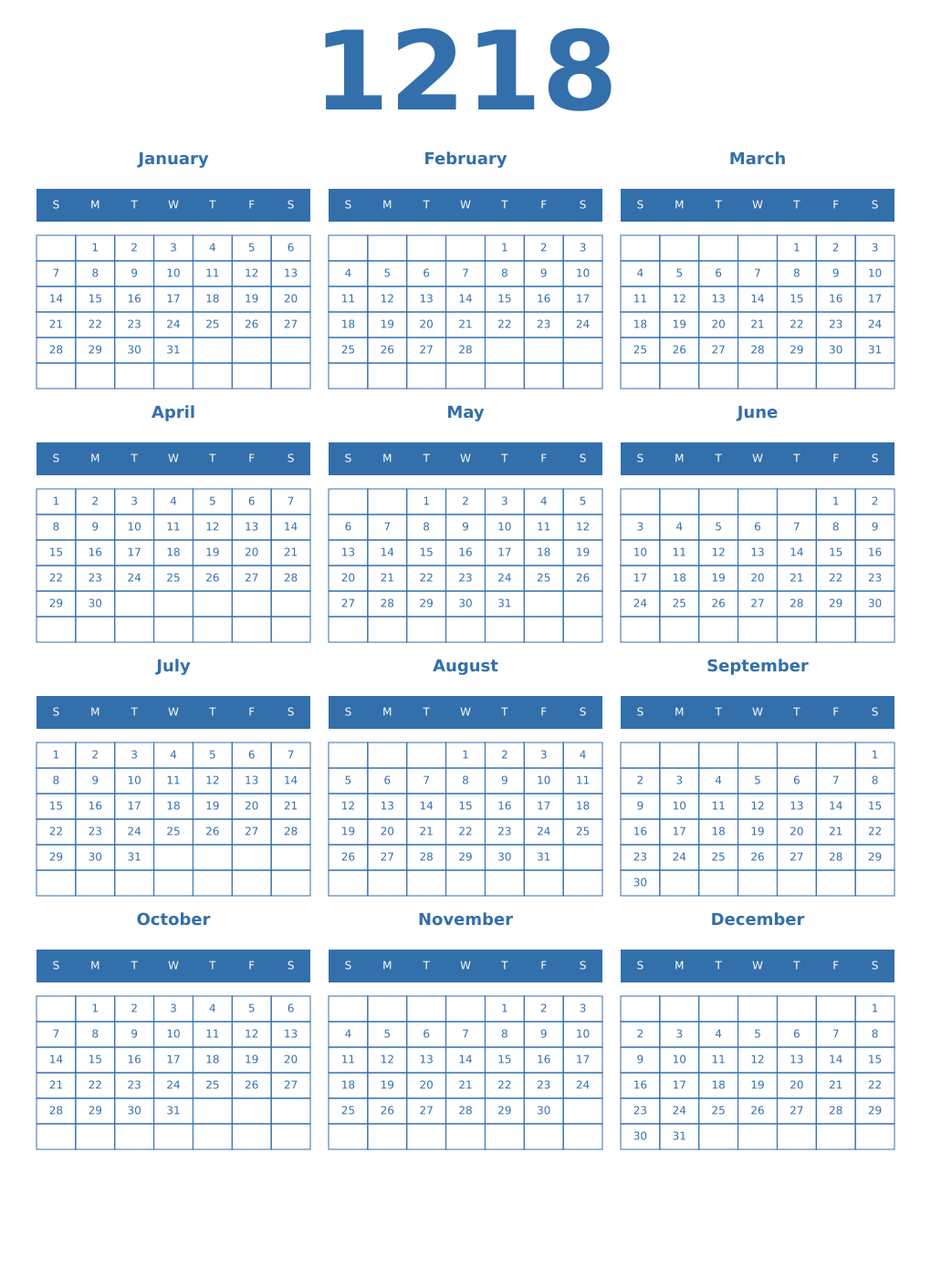 Printable 1218 Year Calendars blue