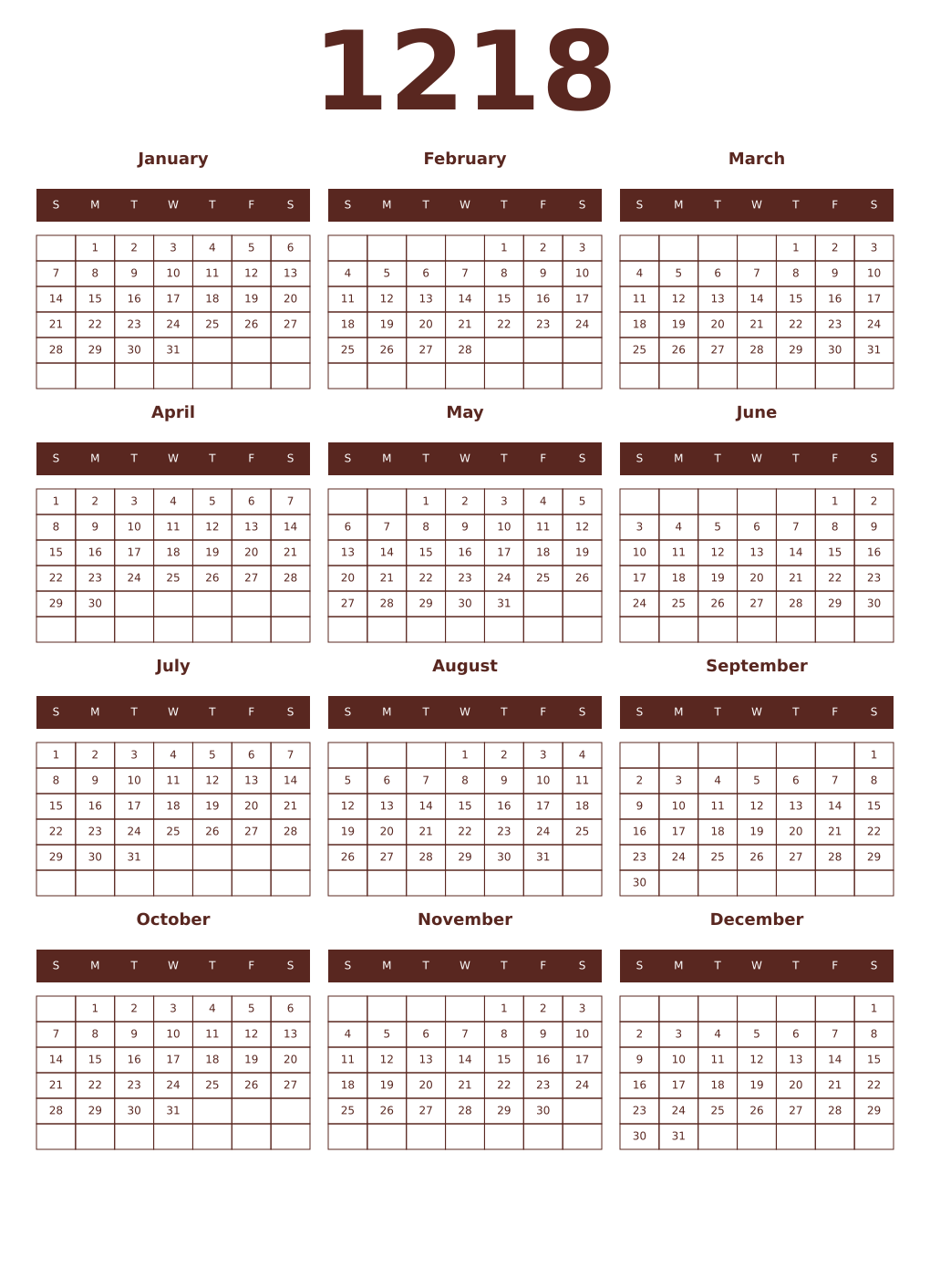 Printable 1218 Year Calendars mortuum