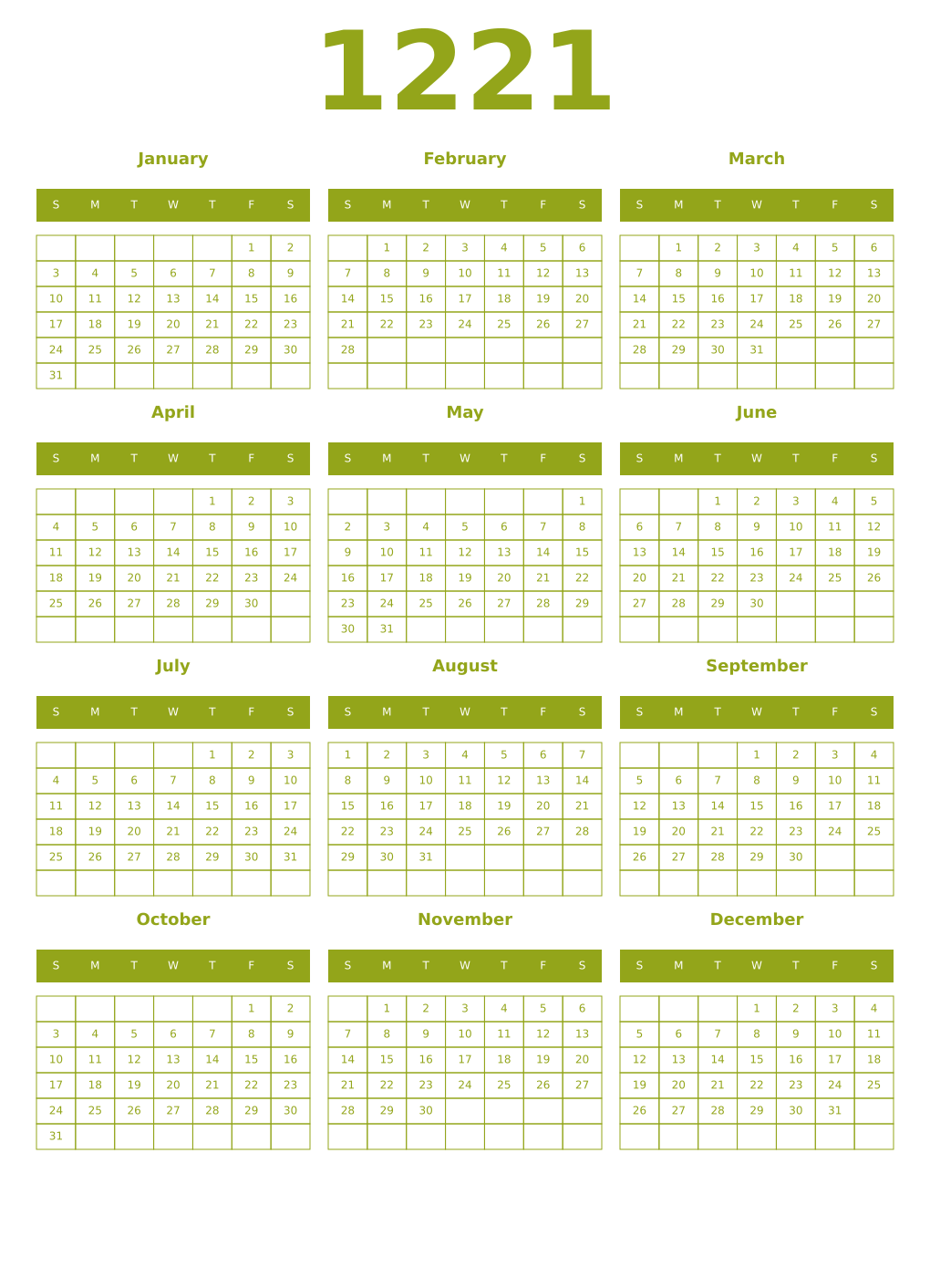 Printable 1221 Year Calendars chartreuse