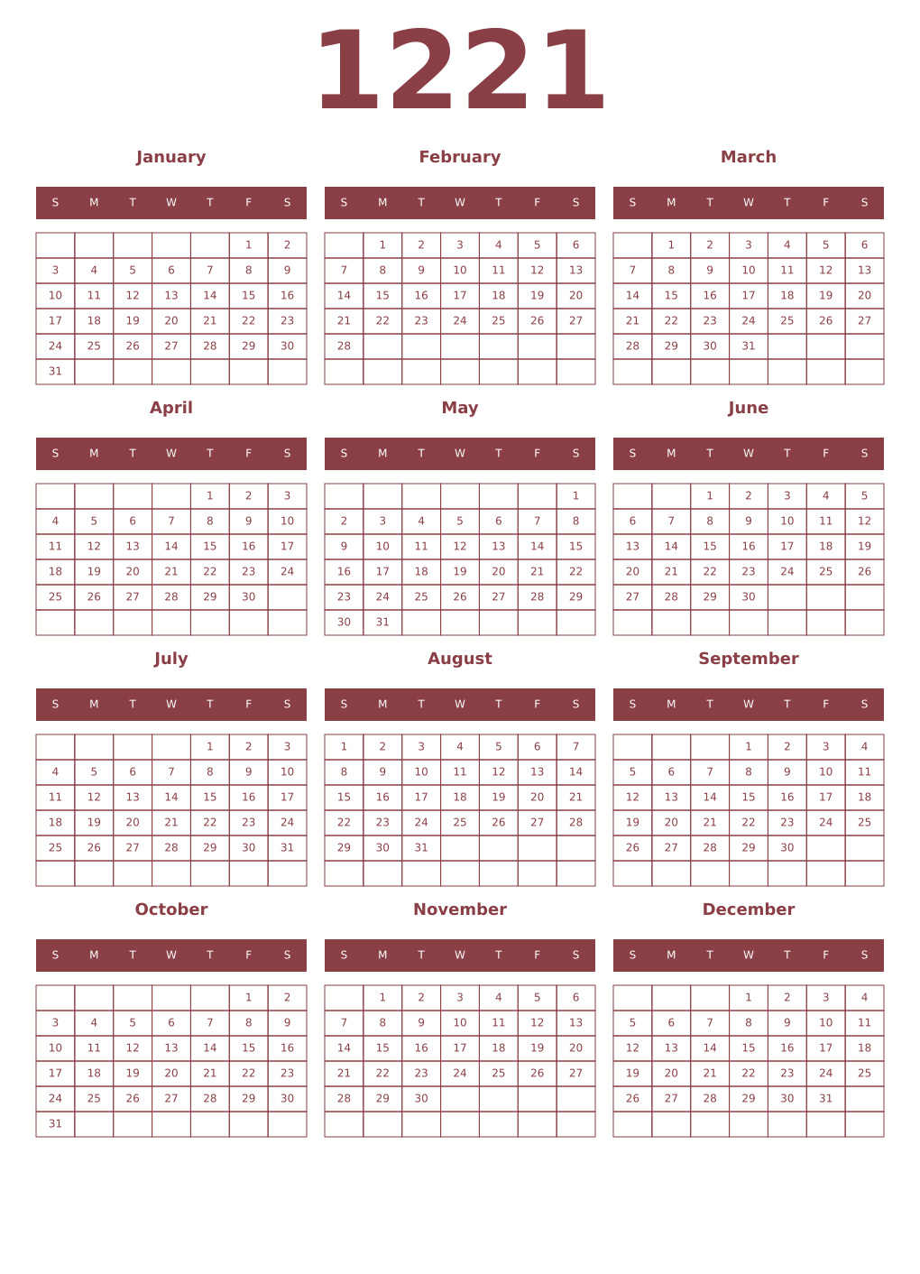 Printable 1221 Year Calendars cordovan