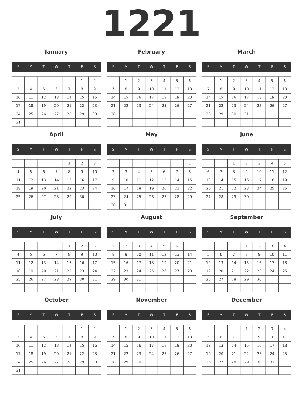 Printable 1221 Year Calendars dark