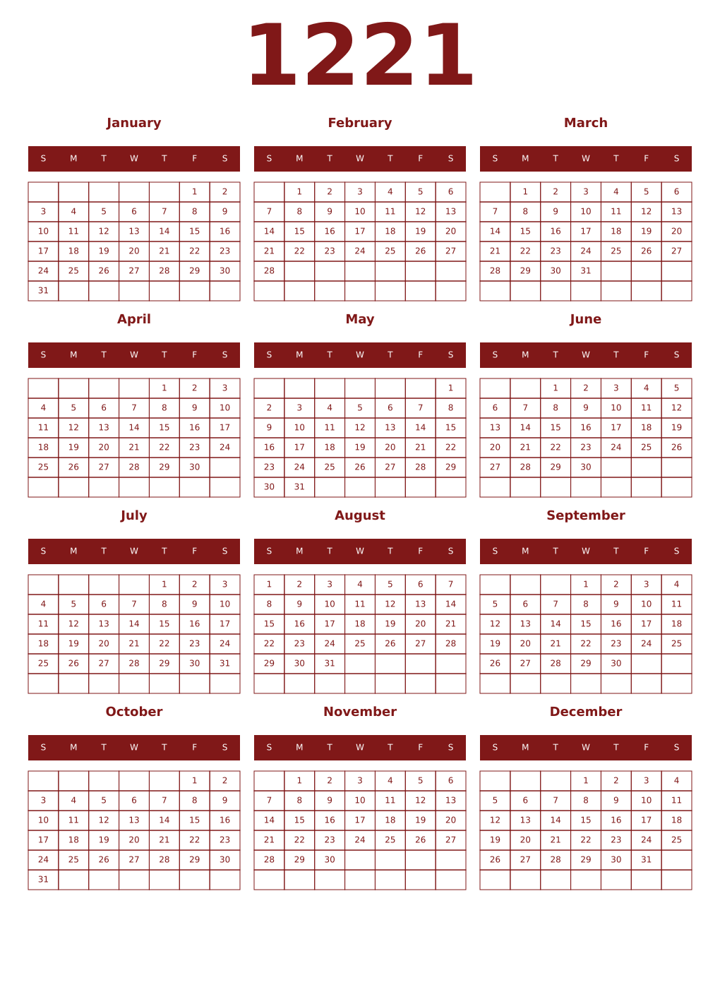Printable 1221 Year Calendars falu