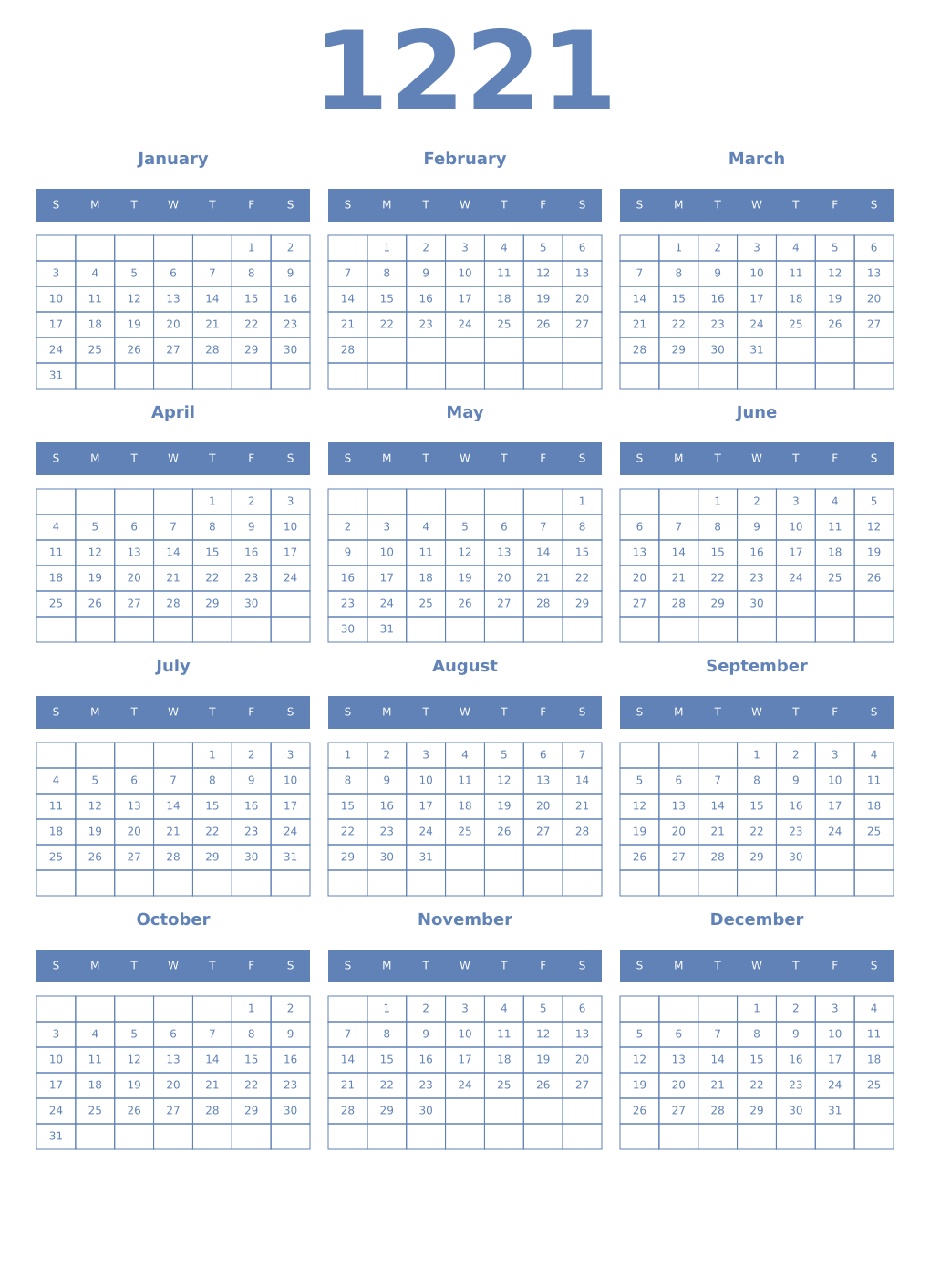 Printable 1221 Year Calendars glaucous