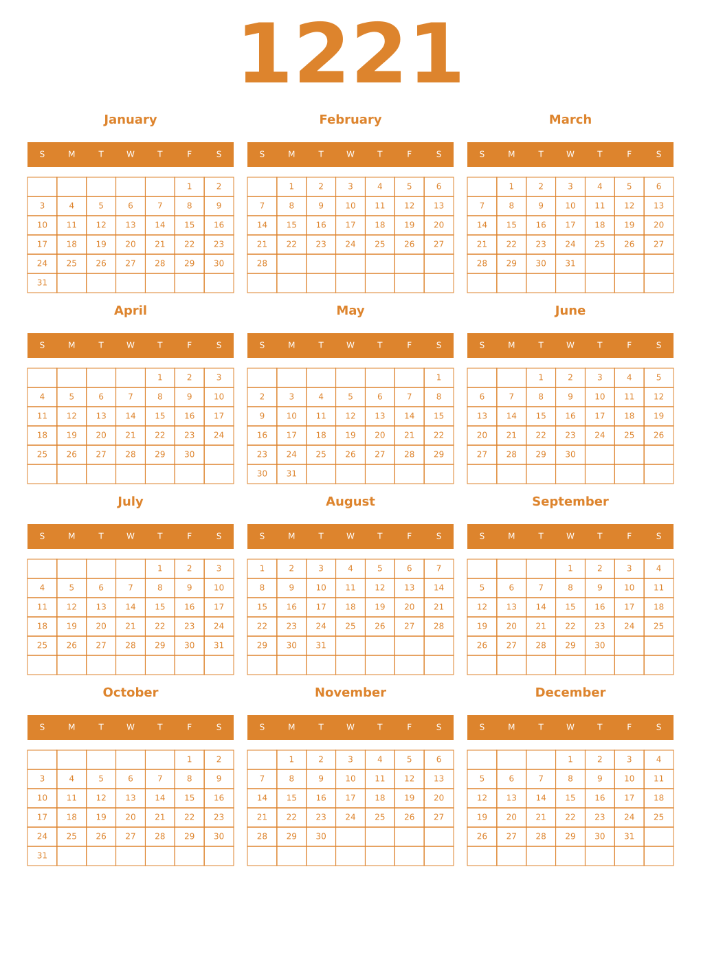 Printable 1221 Year Calendars orange