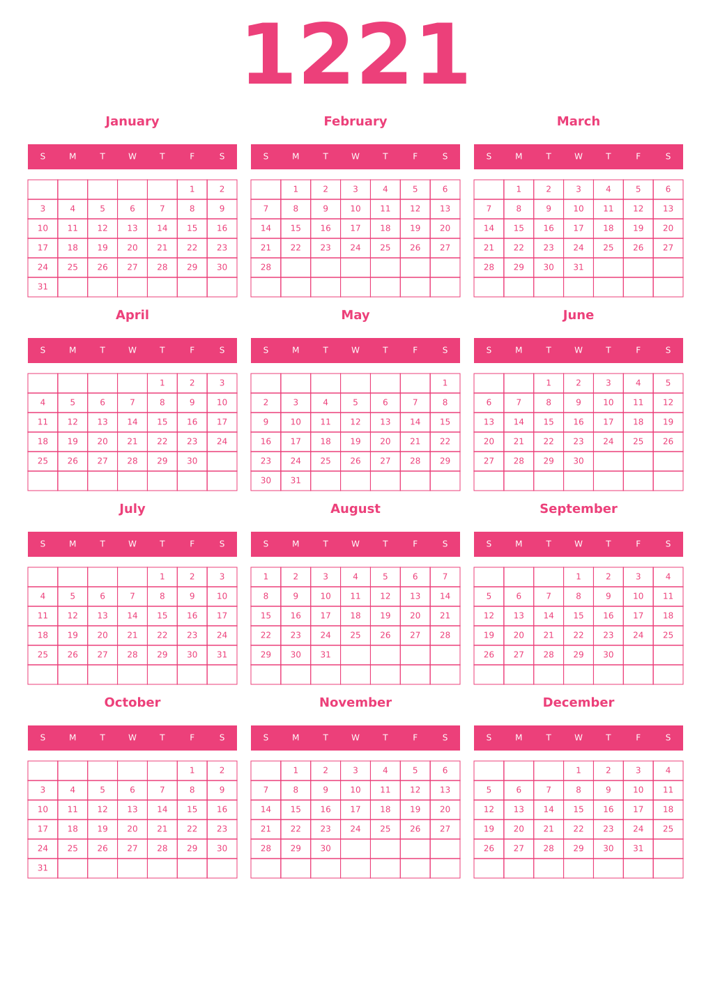Printable 1221 Year Calendars pink