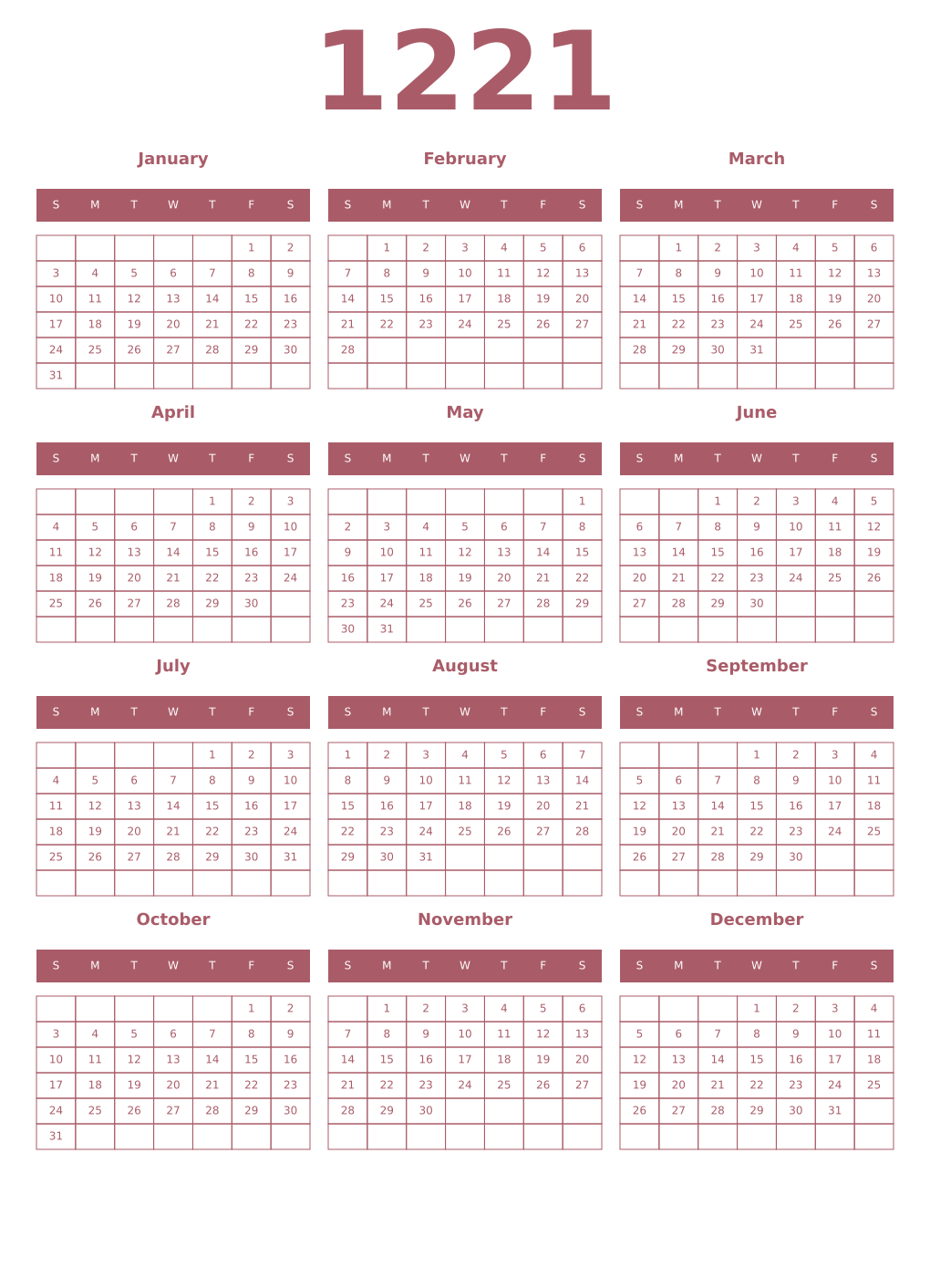 Printable 1221 Year Calendars puce