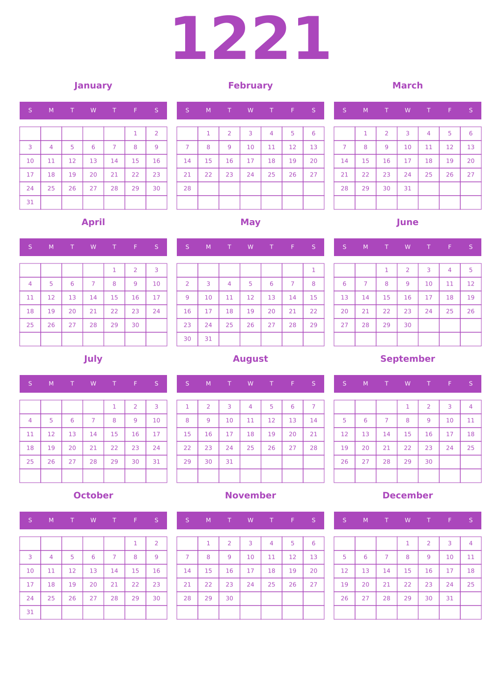Printable 1221 Year Calendars purple