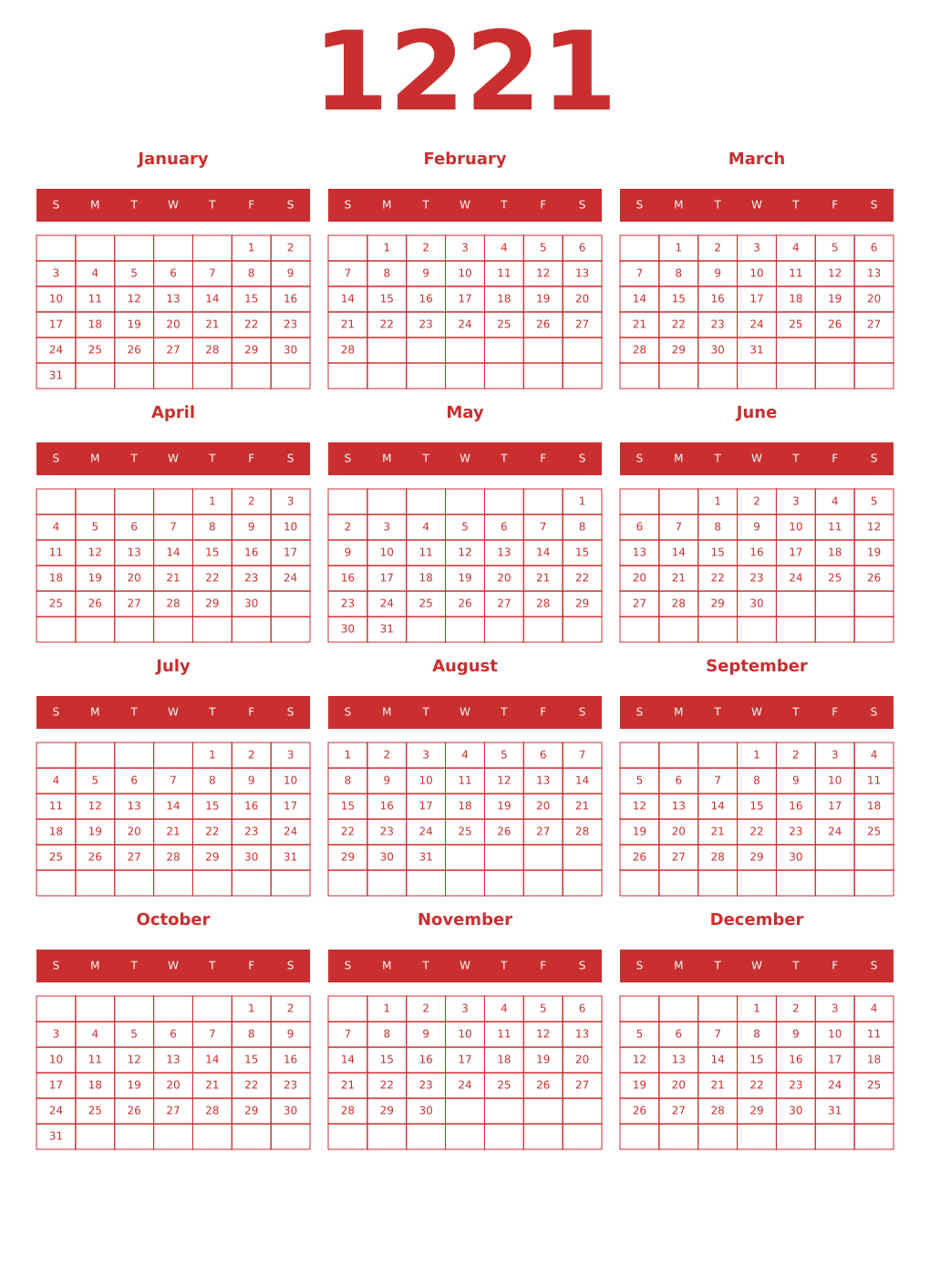 Printable 1221 Year Calendars red
