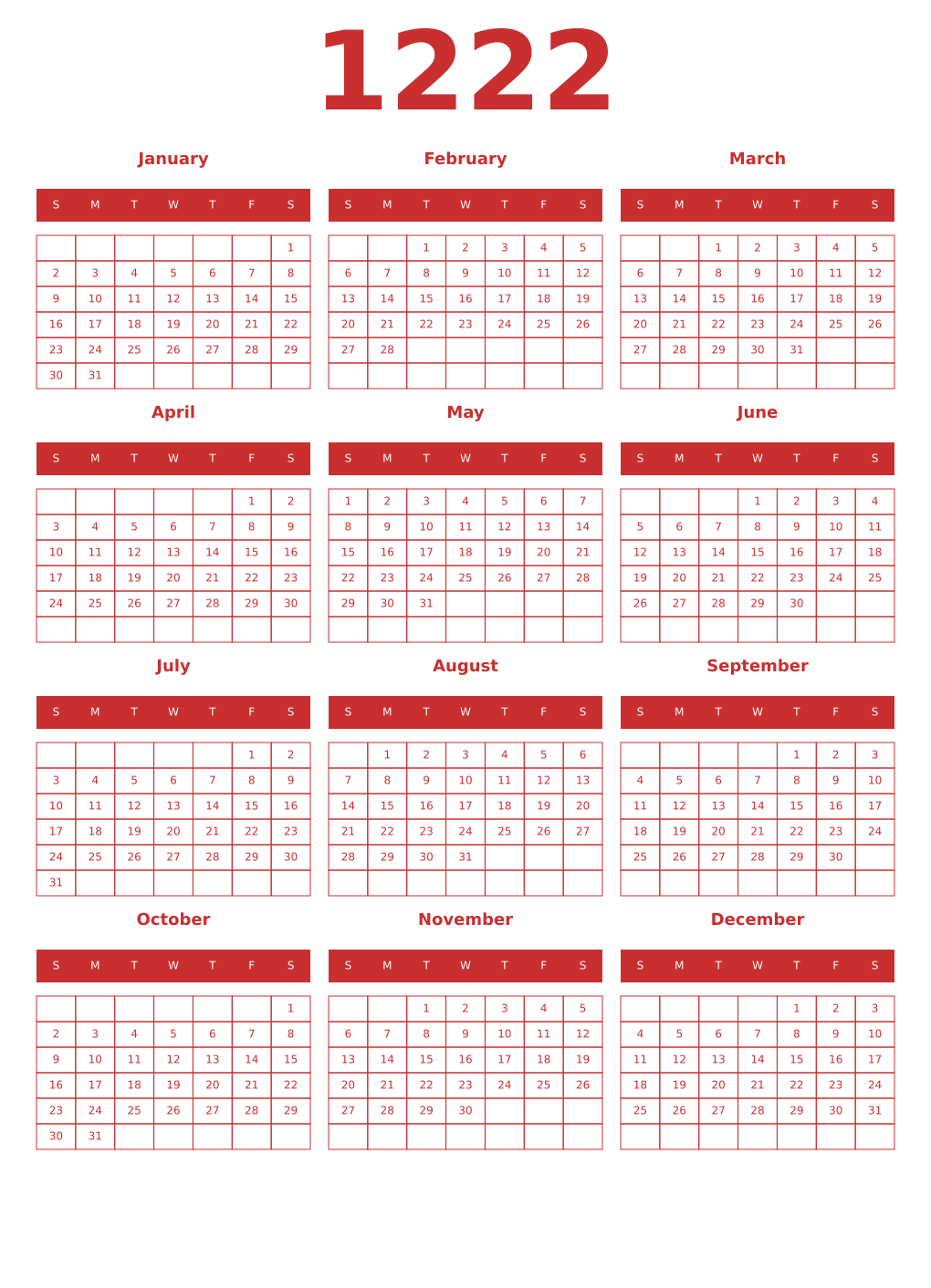Printable 1222 Year Calendars red