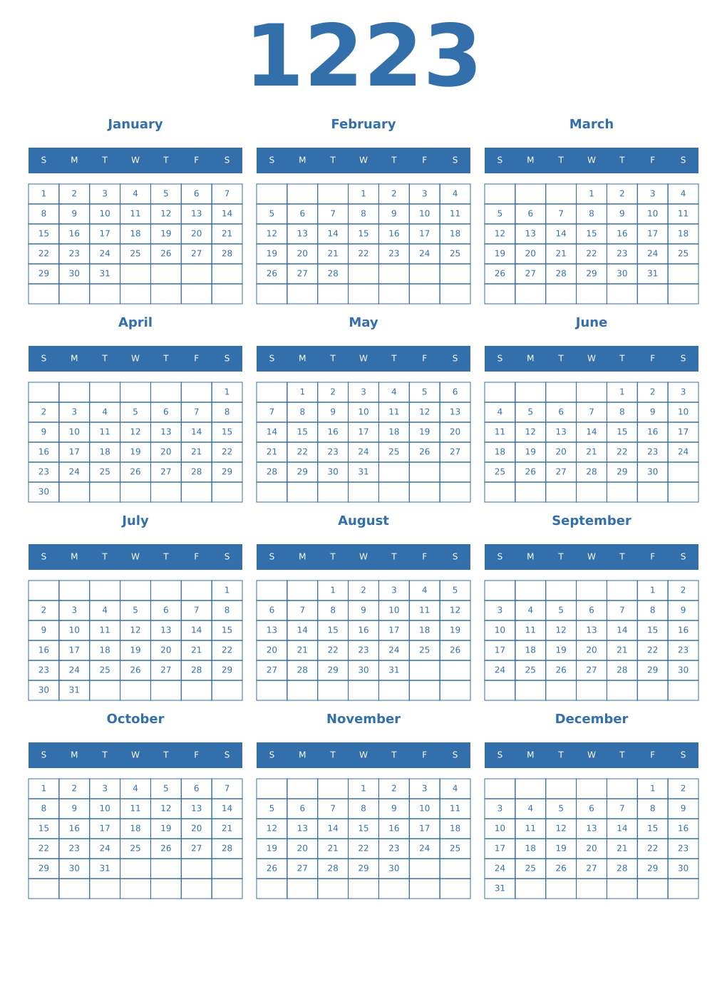 Printable 1223 Year Calendars blue