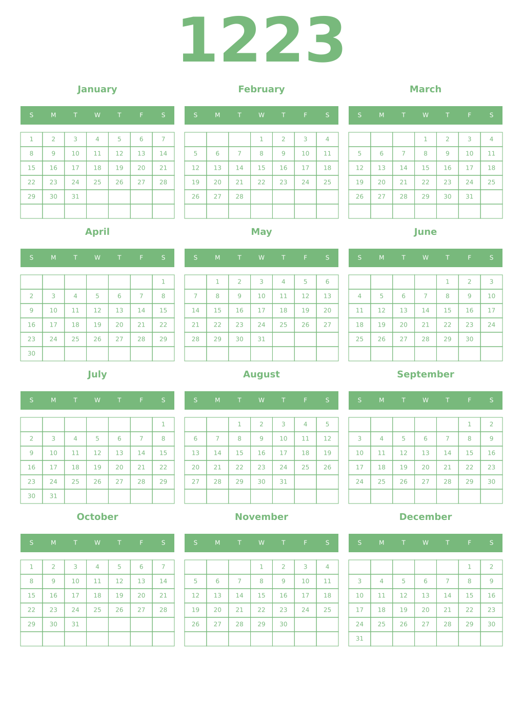 Printable 1223 Year Calendars celadon