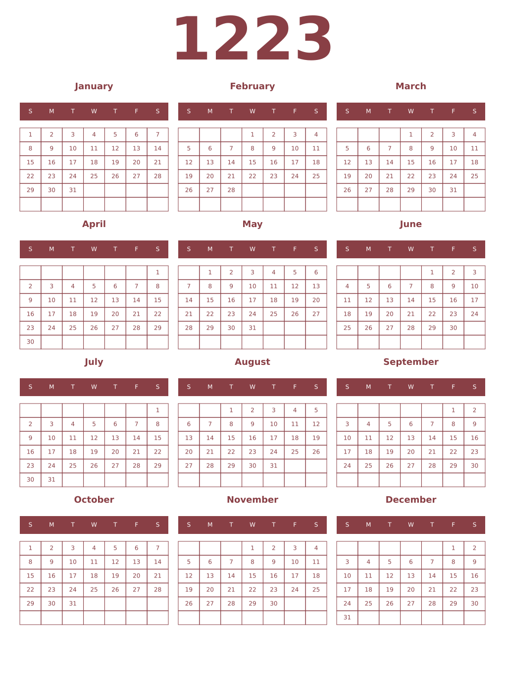 Printable 1223 Year Calendars cordovan