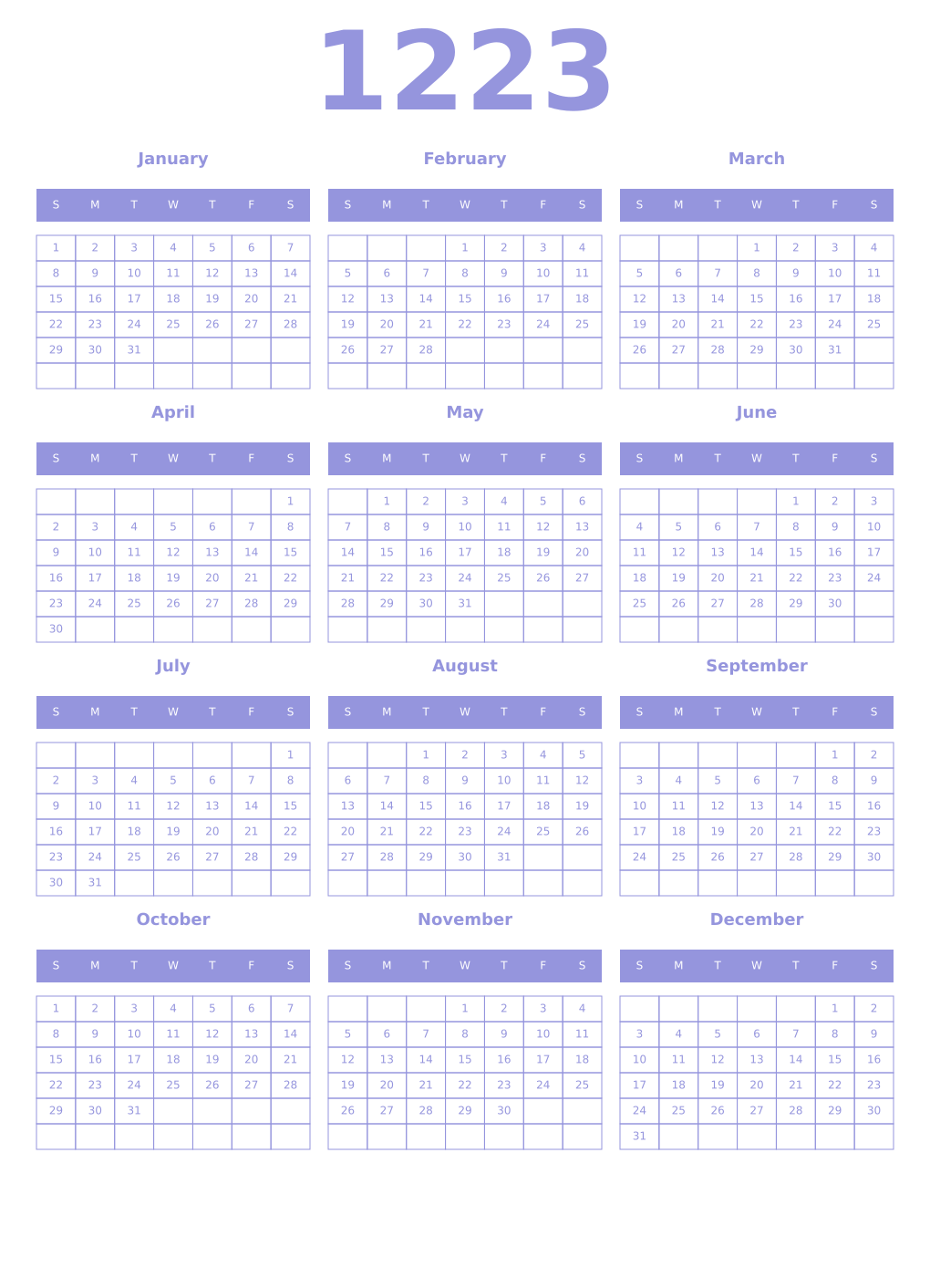 Printable 1223 Year Calendars periwinkle