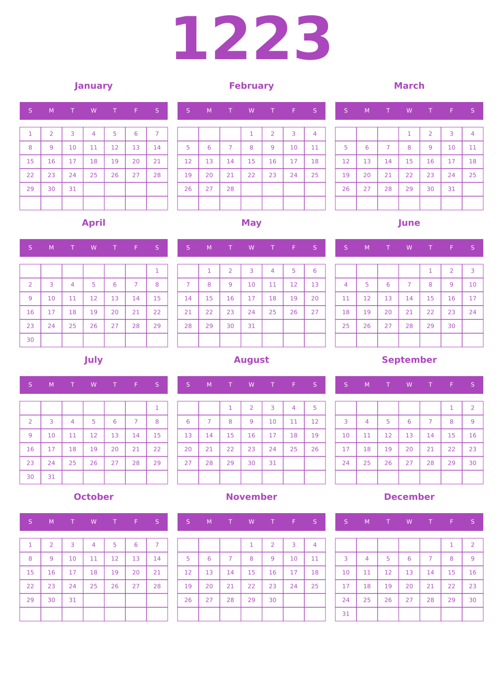 Printable 1223 Year Calendars purple