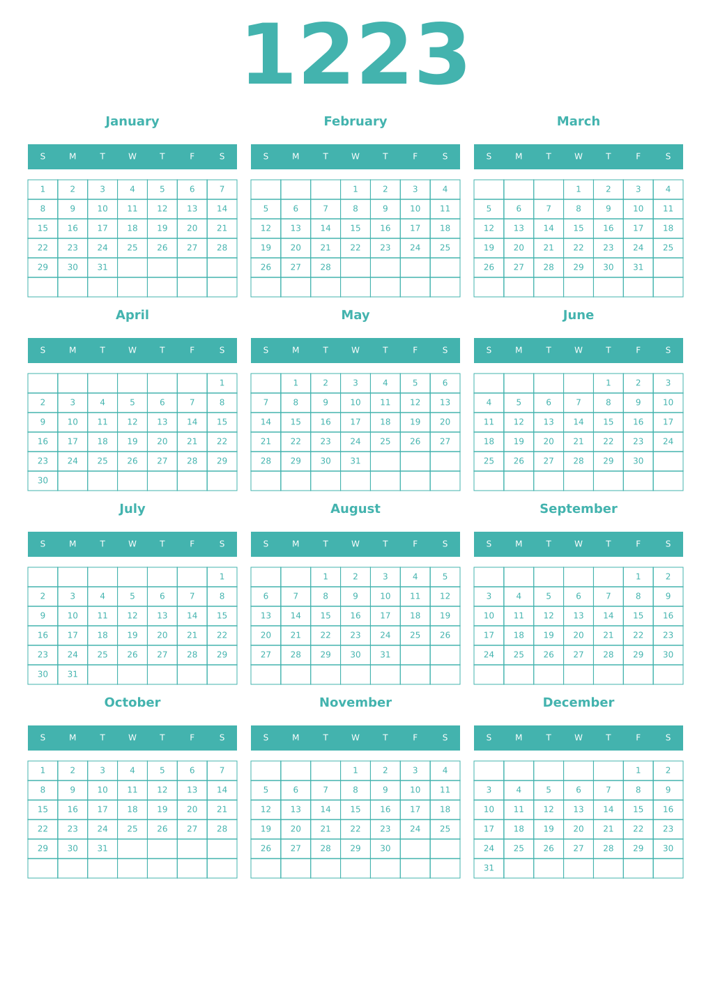 Printable 1223 Year Calendars verdigris