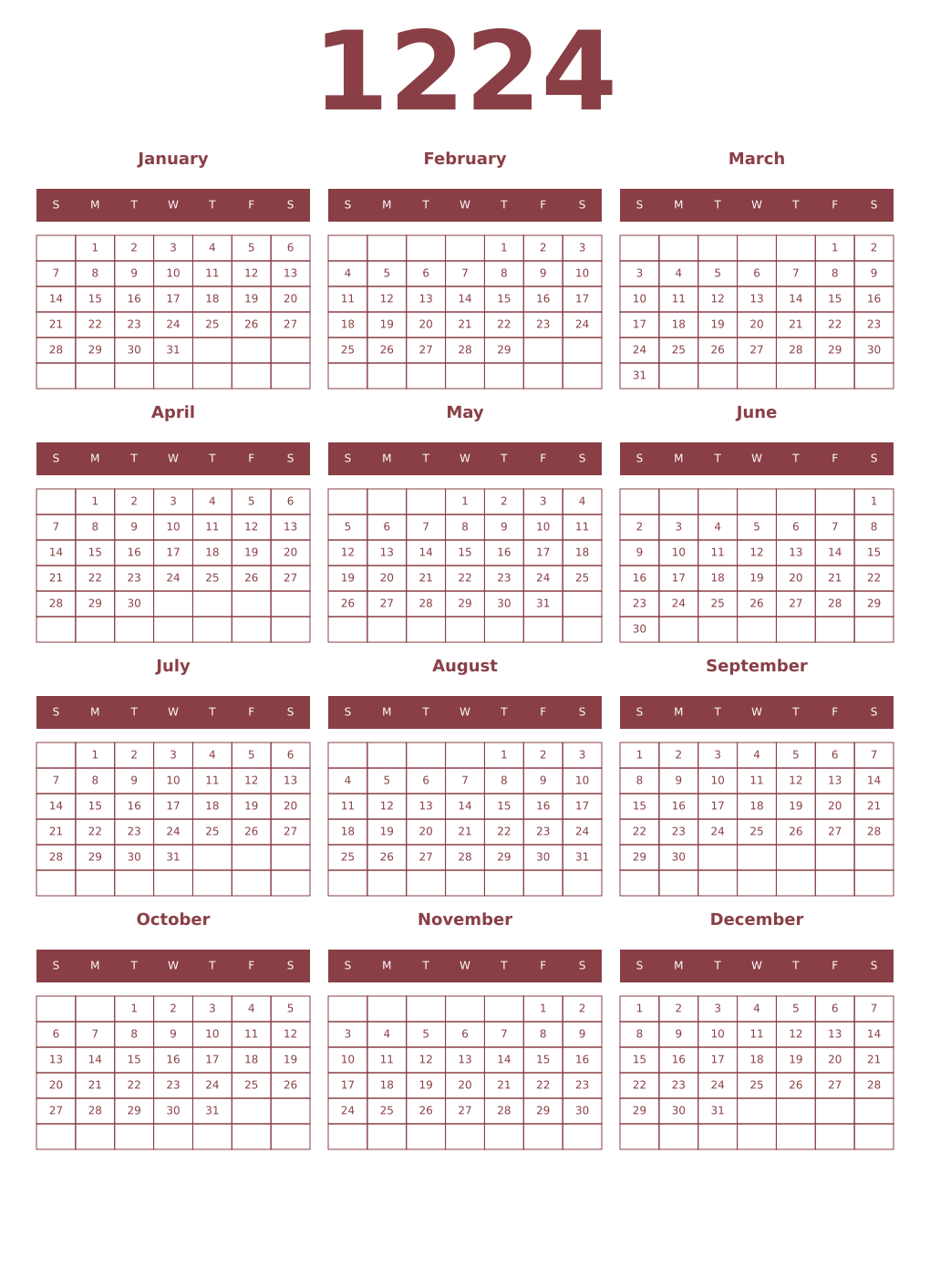 Printable 1224 Year Calendars cordovan