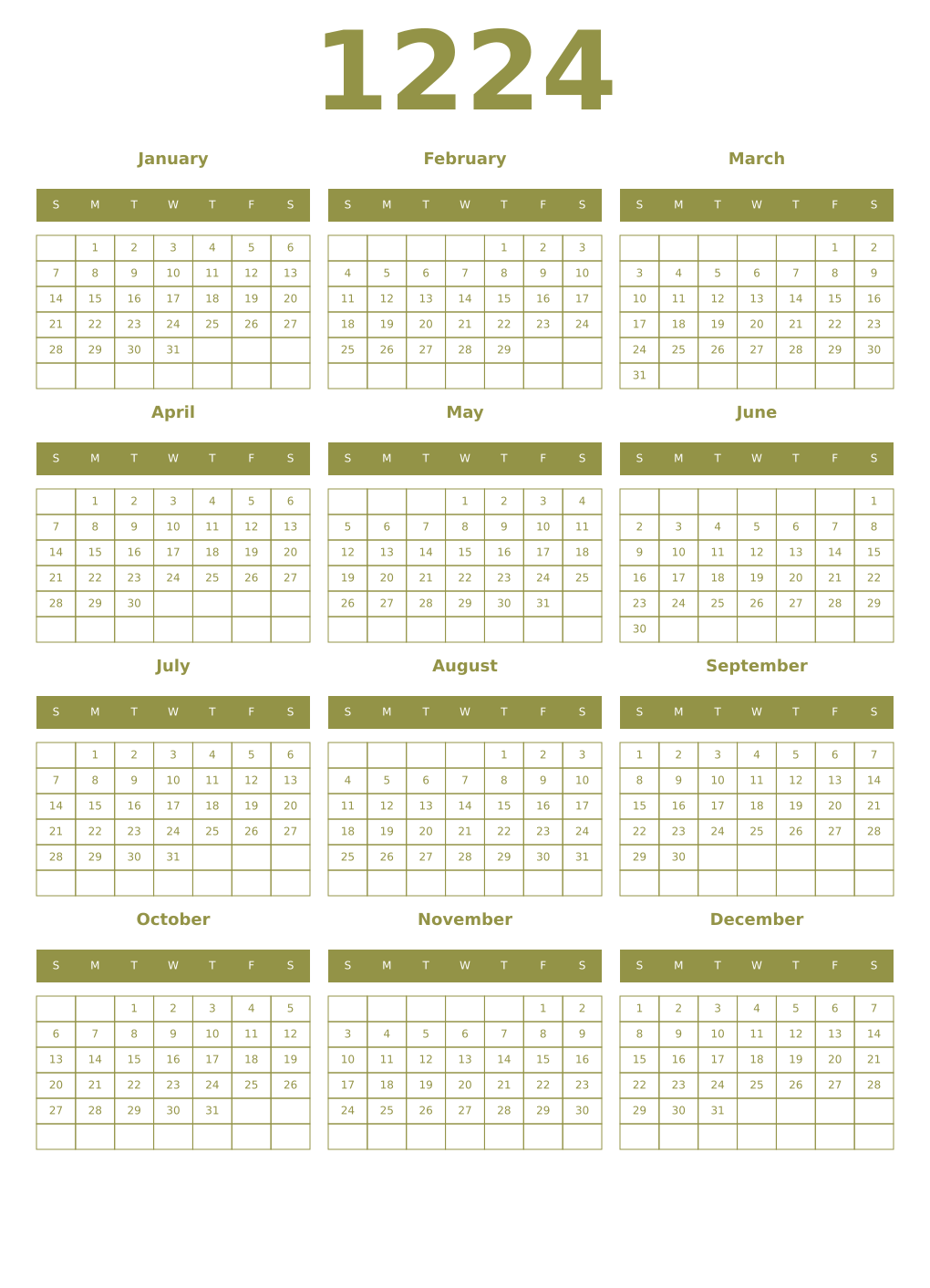 Printable 1224 Year Calendars eburnean