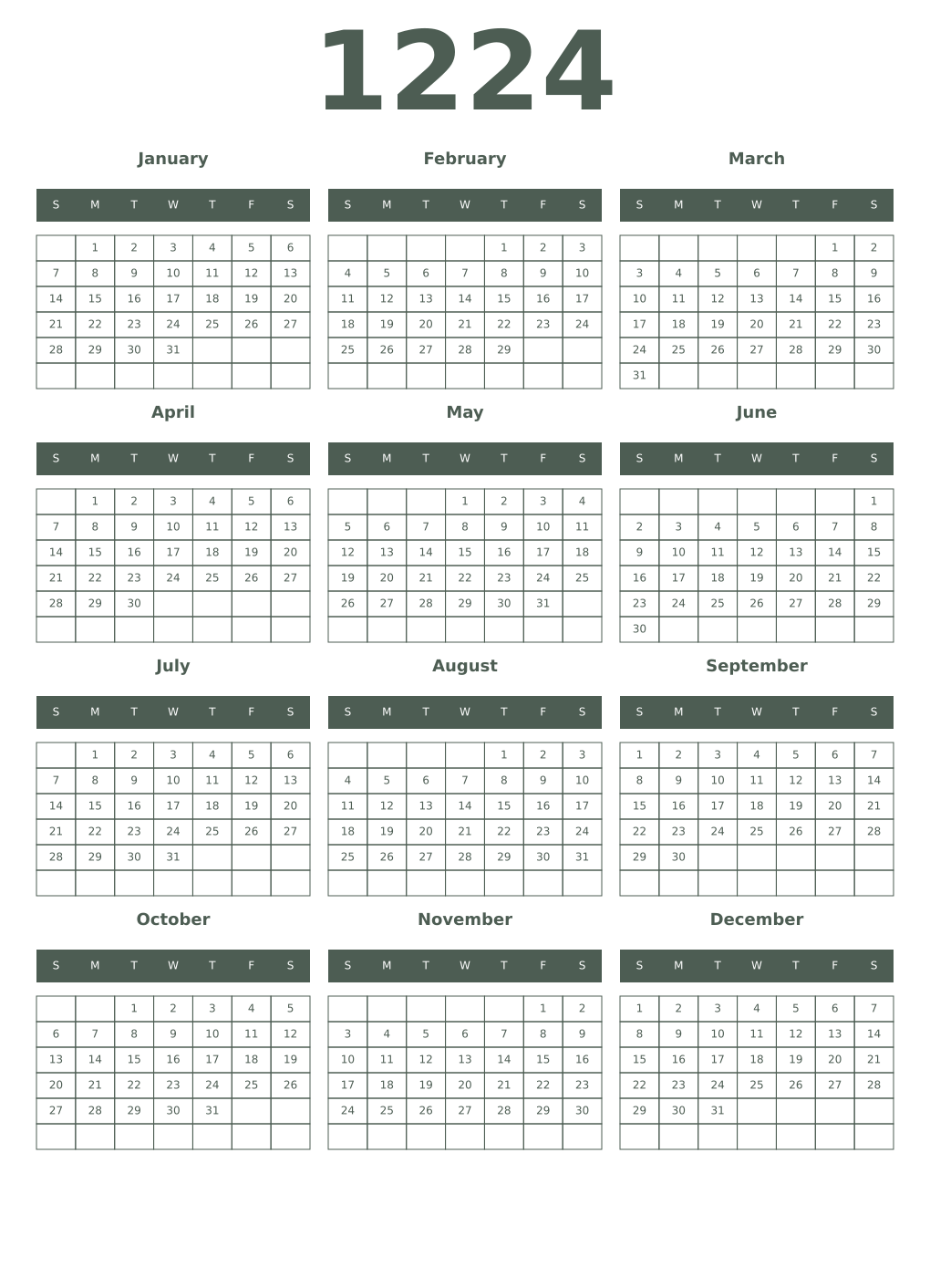 Printable 1224 Year Calendars feldgrau