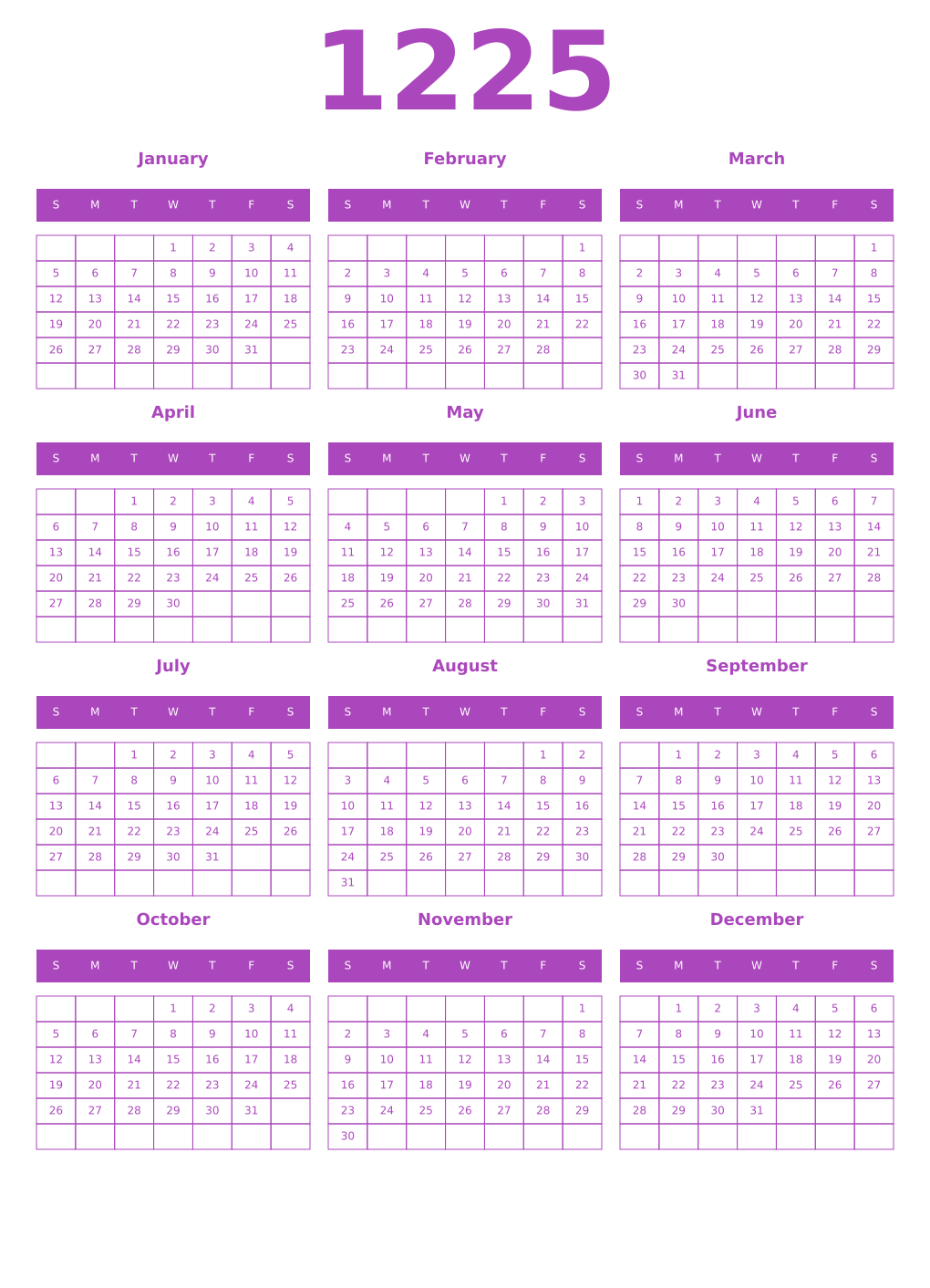 Printable 1225 Year Calendars purple