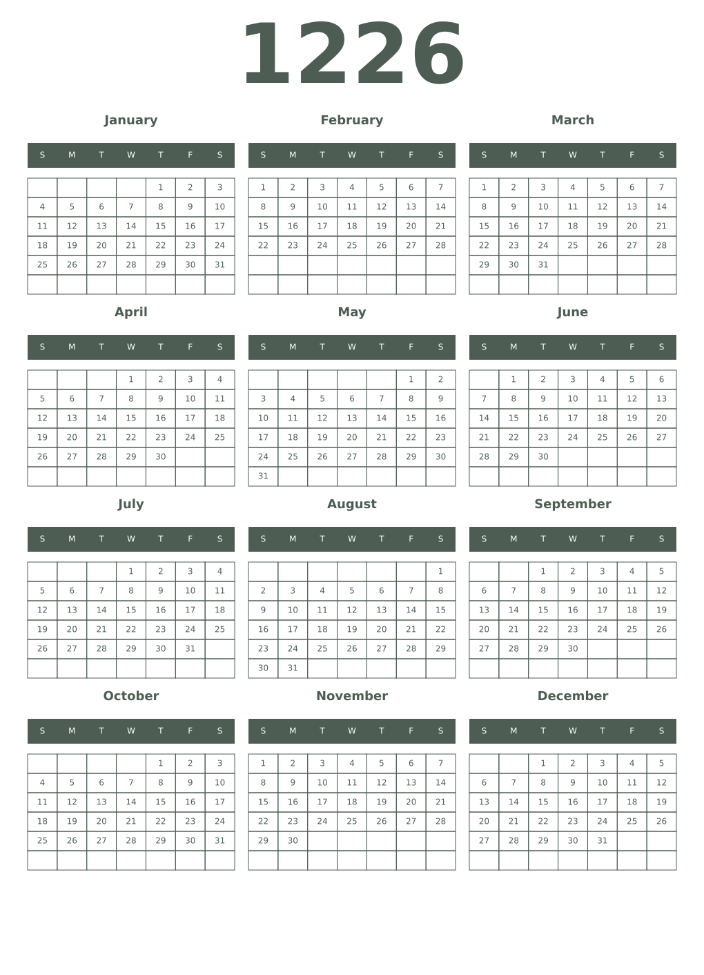 Printable 1226 Year Calendars feldgrau
