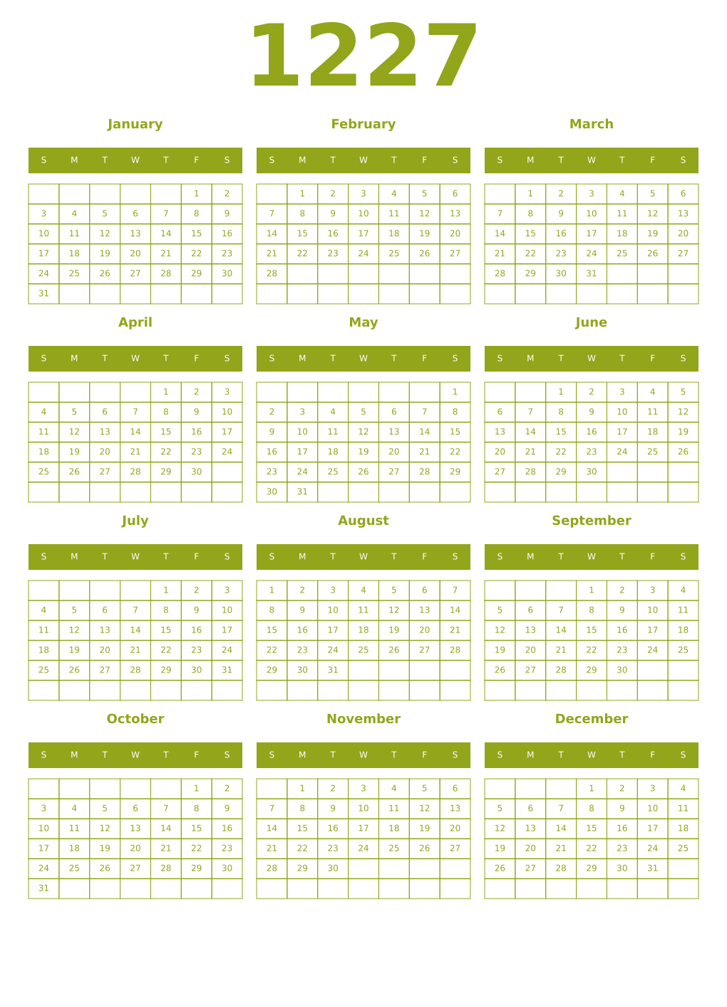 Printable 1227 Year Calendars chartreuse