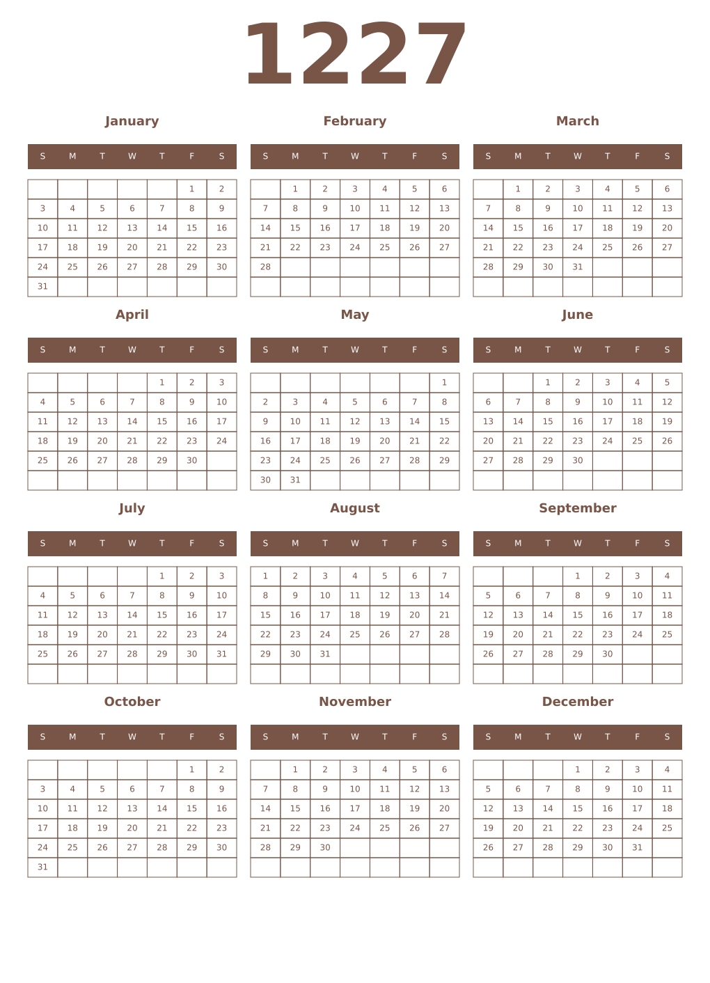 Printable 1227 Year Calendars coffe