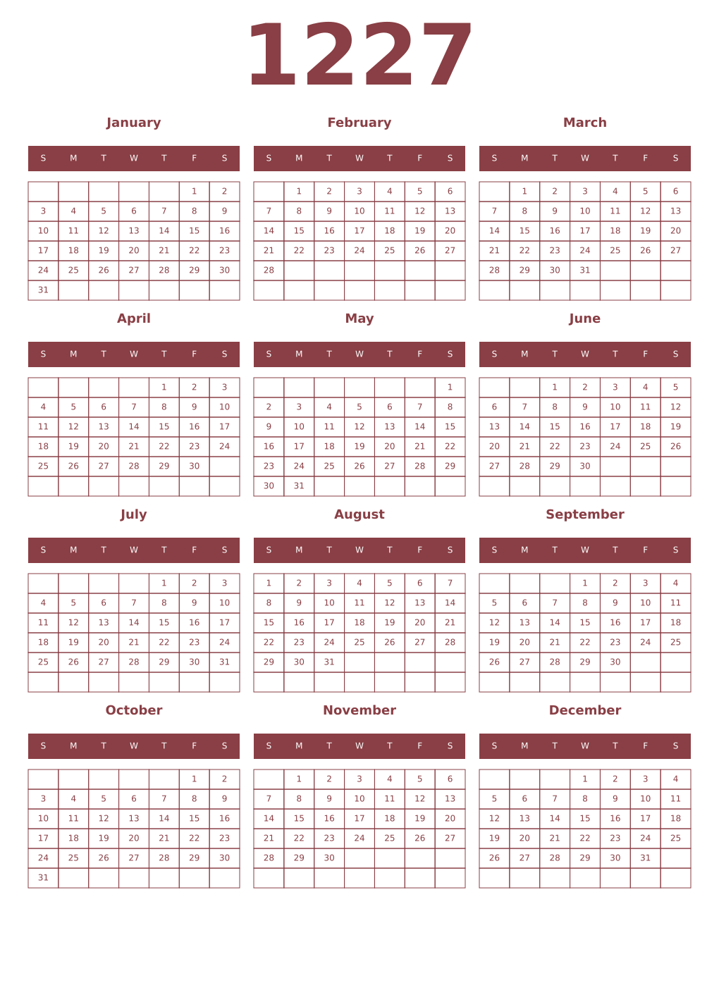 Printable 1227 Year Calendars cordovan