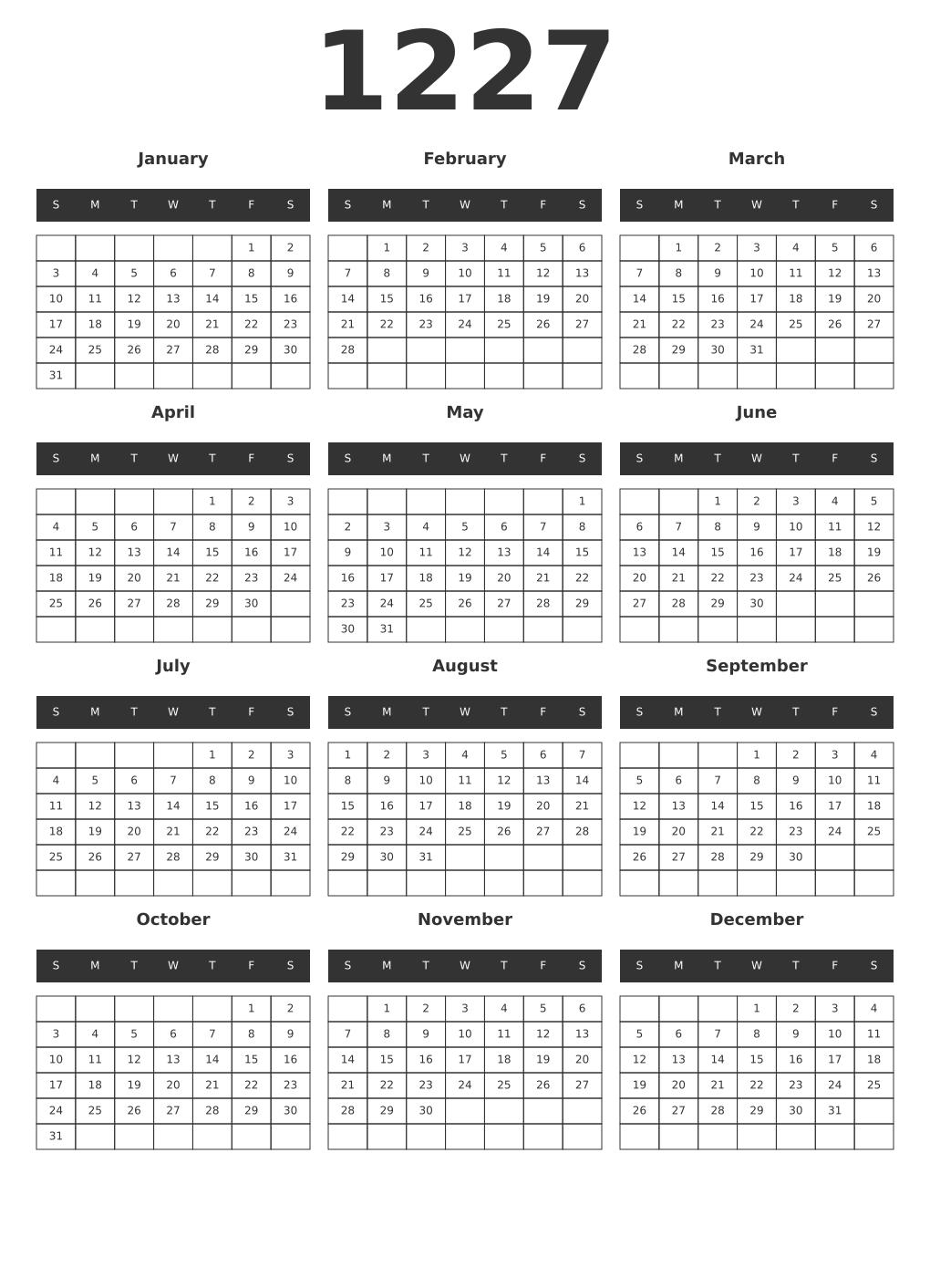 Printable 1227 Year Calendars dark