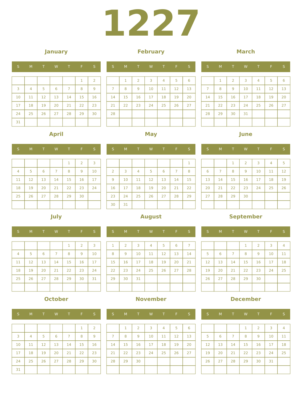 Printable 1227 Year Calendars eburnean