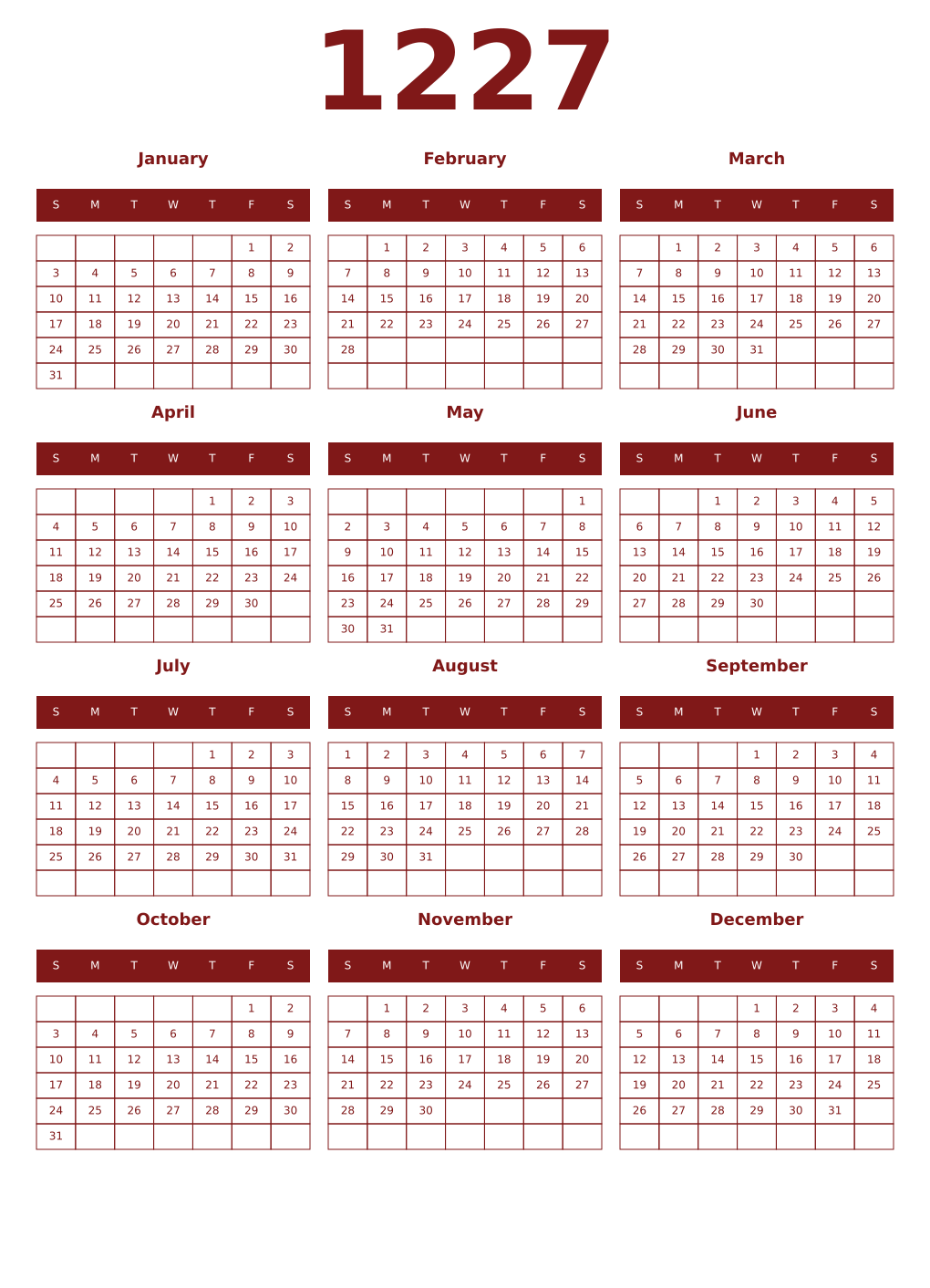 Printable 1227 Year Calendars falu