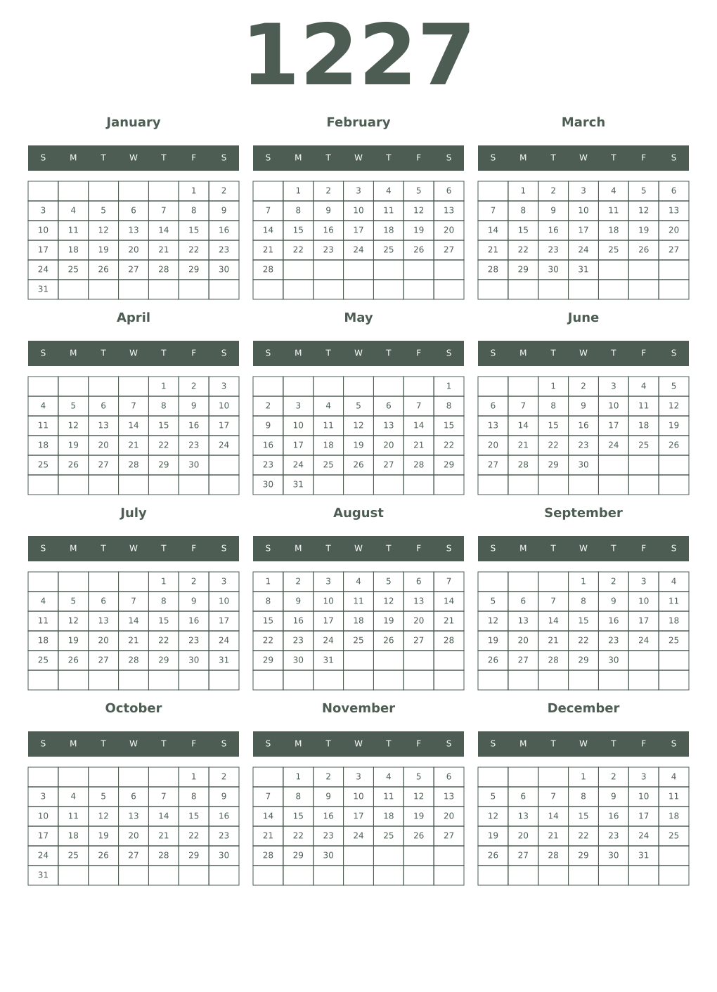 Printable 1227 Year Calendars feldgrau
