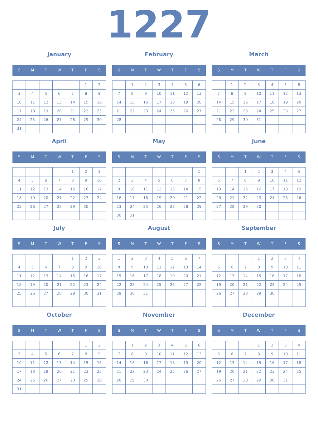 Printable 1227 Year Calendars glaucous