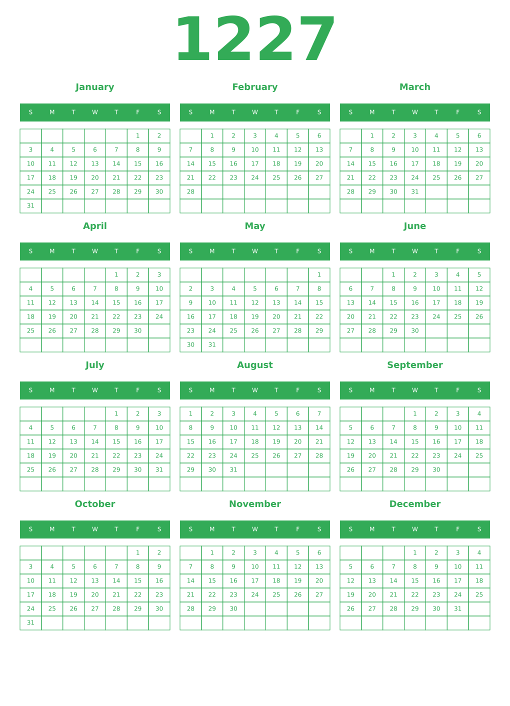 Printable 1227 Year Calendars green