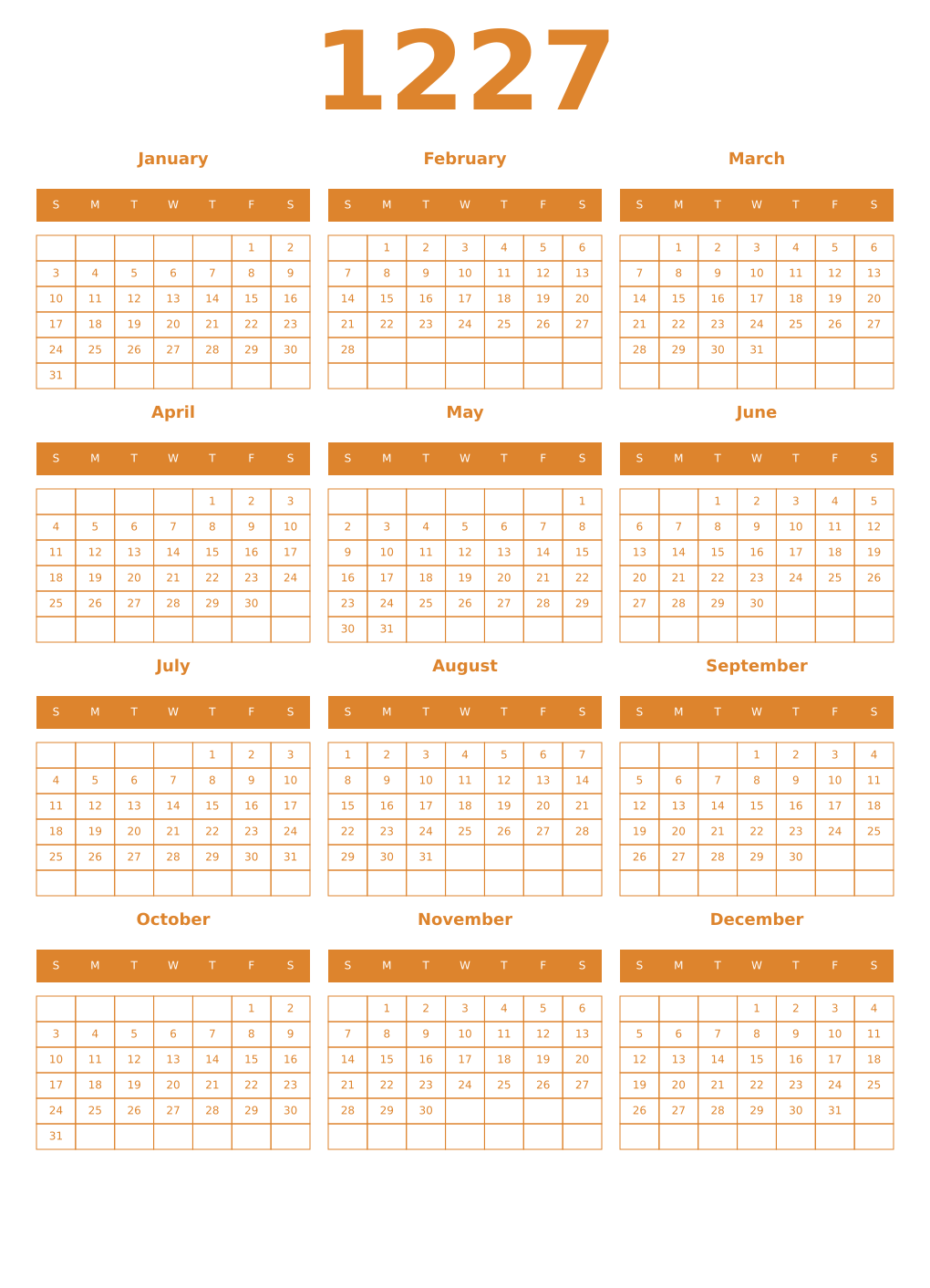 Printable 1227 Year Calendars orange