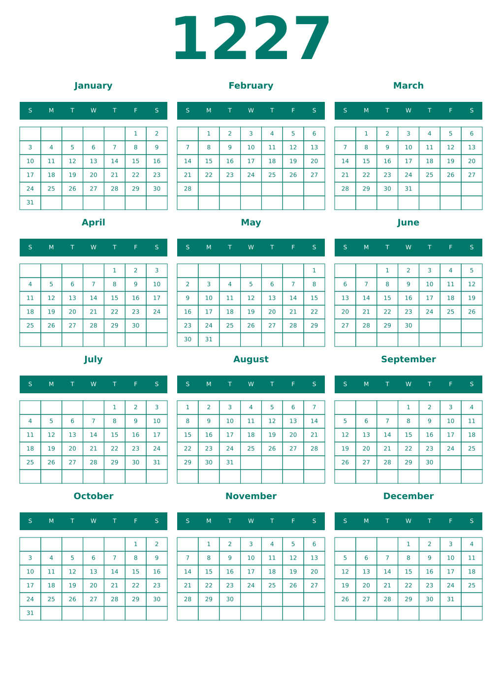 Printable 1227 Year Calendars pastel