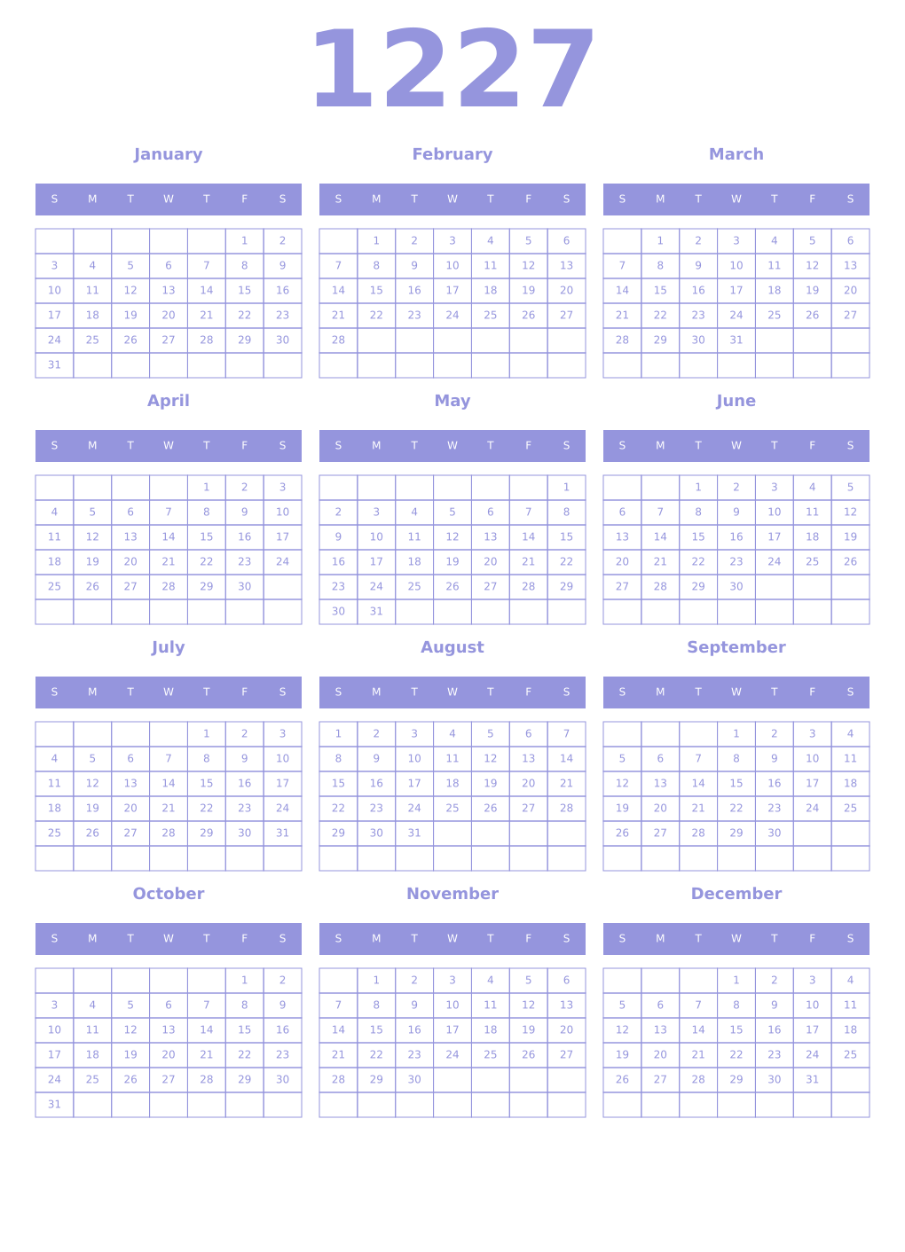 Printable 1227 Year Calendars periwinkle