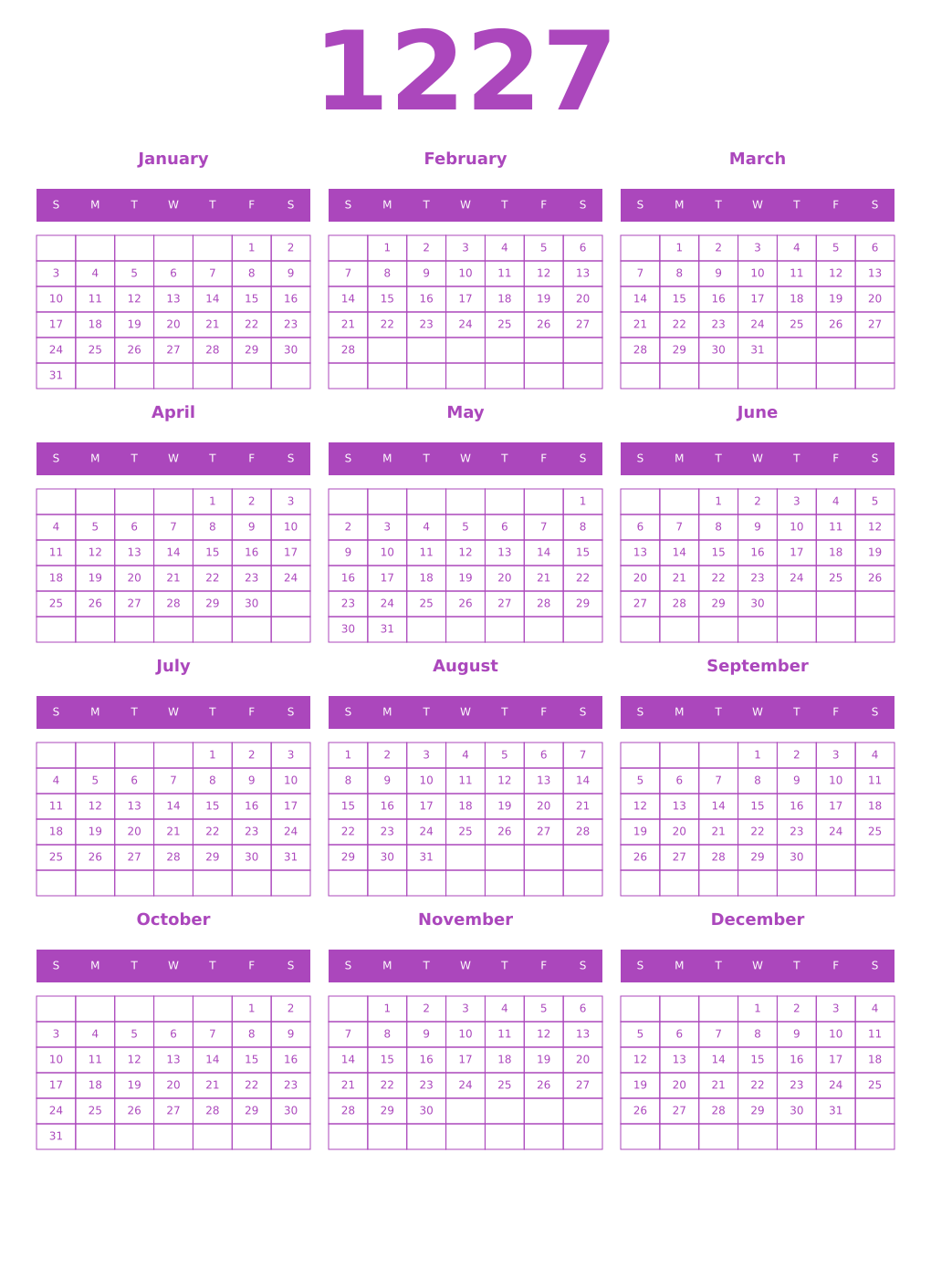 Printable 1227 Year Calendars purple
