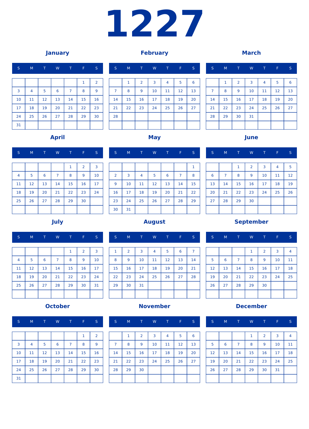 Printable 1227 Year Calendars smalt