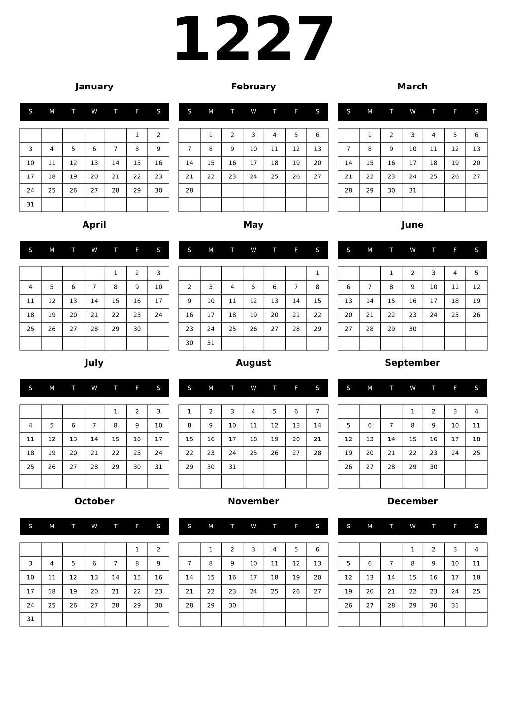 Printable 1227 Calendars