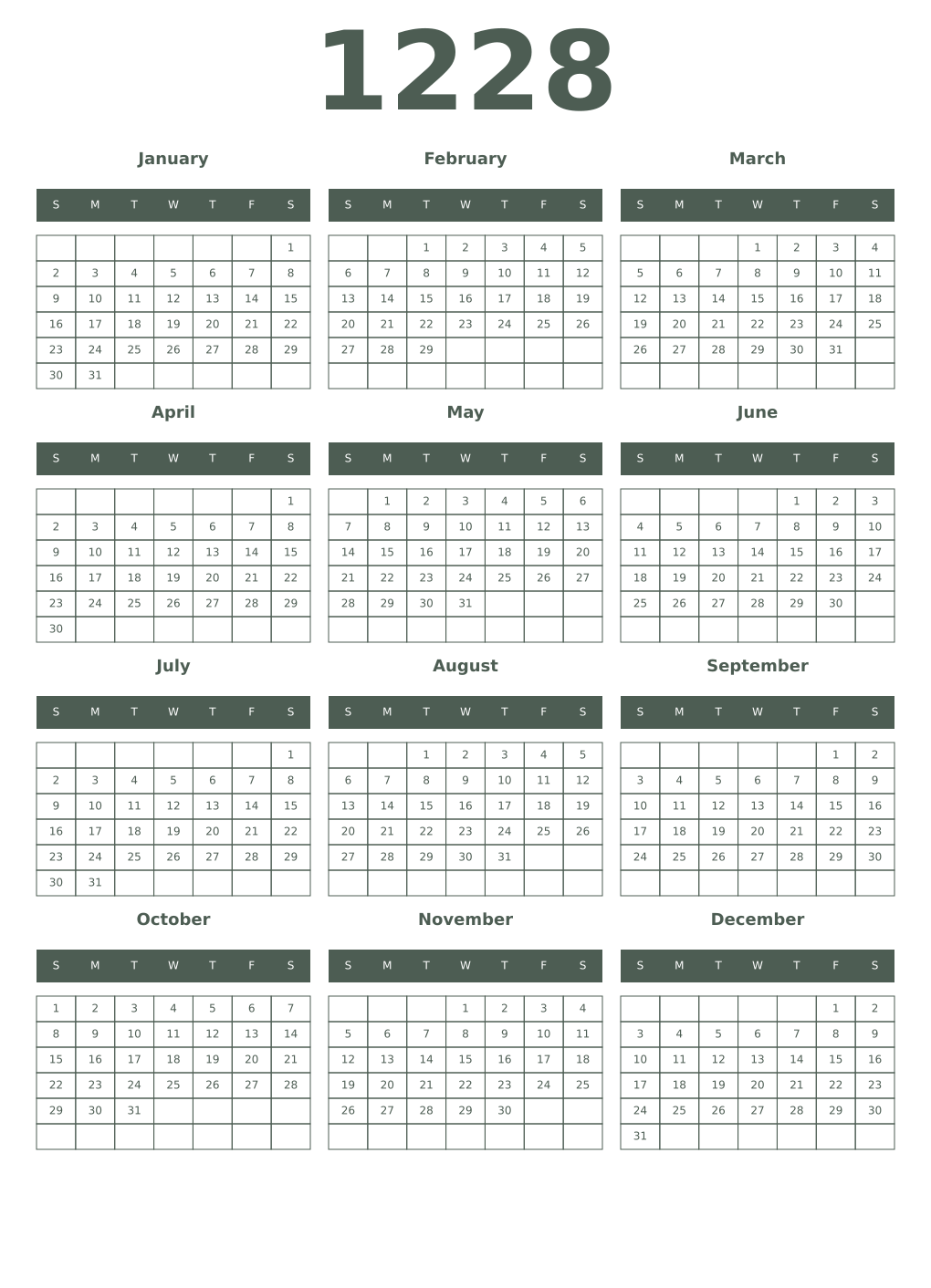 Printable 1228 Year Calendars feldgrau