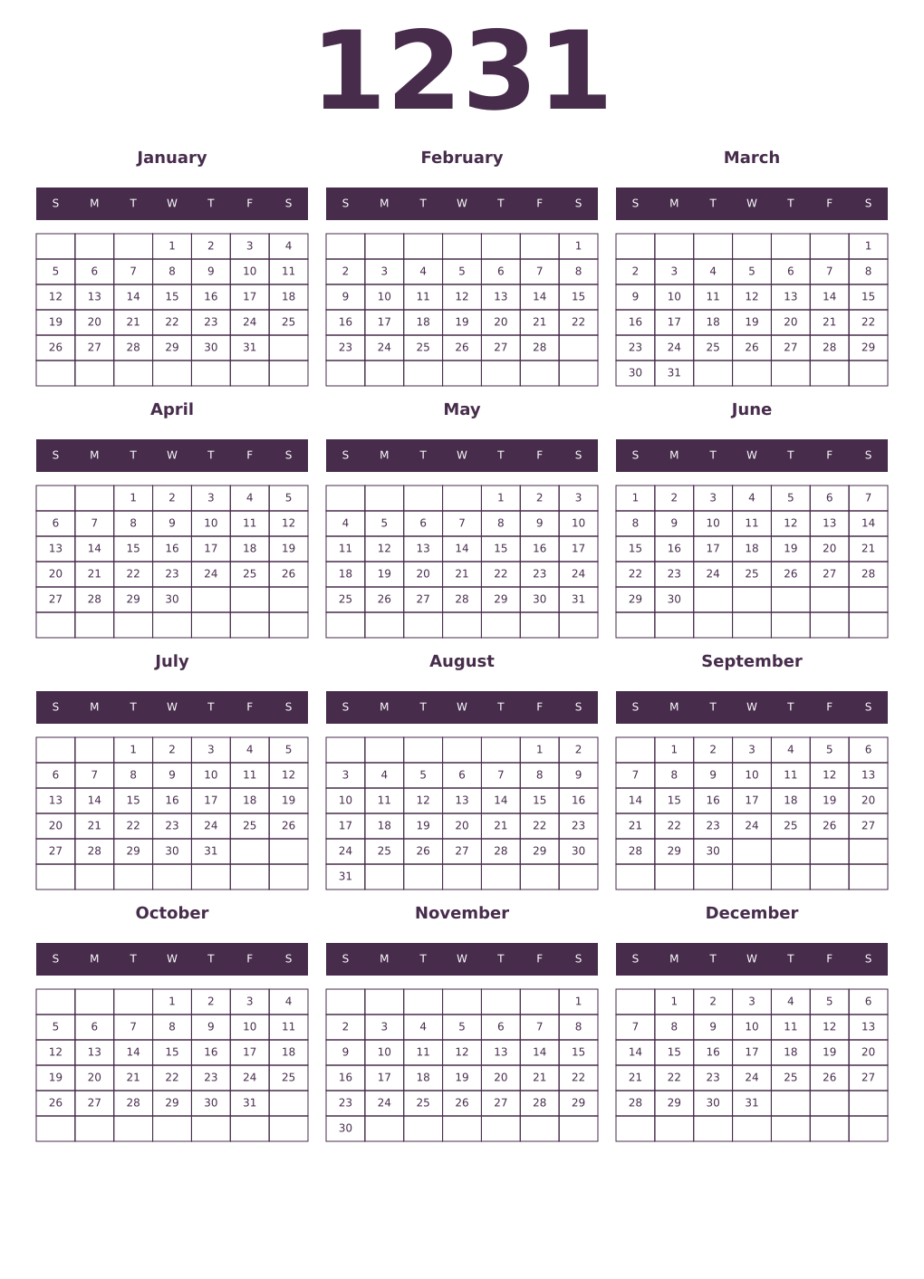 Printable 1231 Year Calendars aubergine