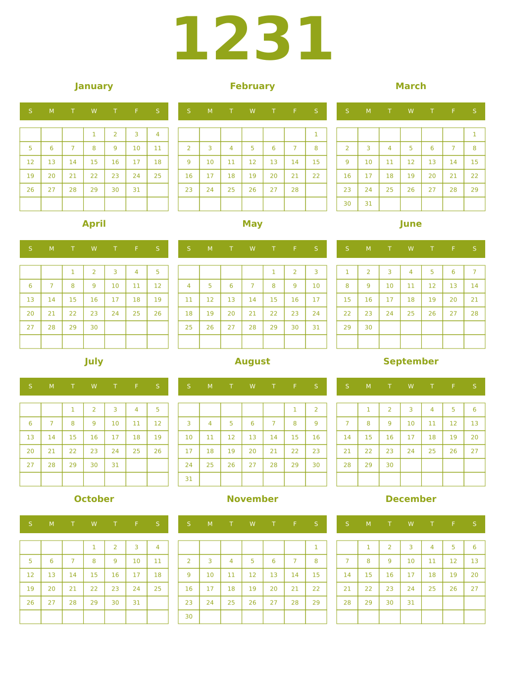 Printable 1231 Year Calendars chartreuse
