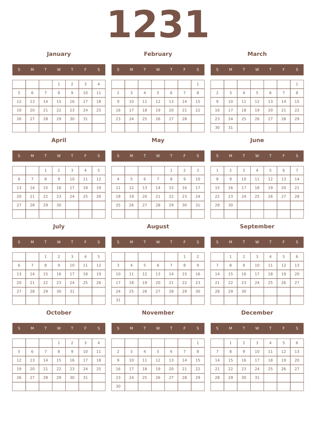 Printable 1231 Year Calendars coffe