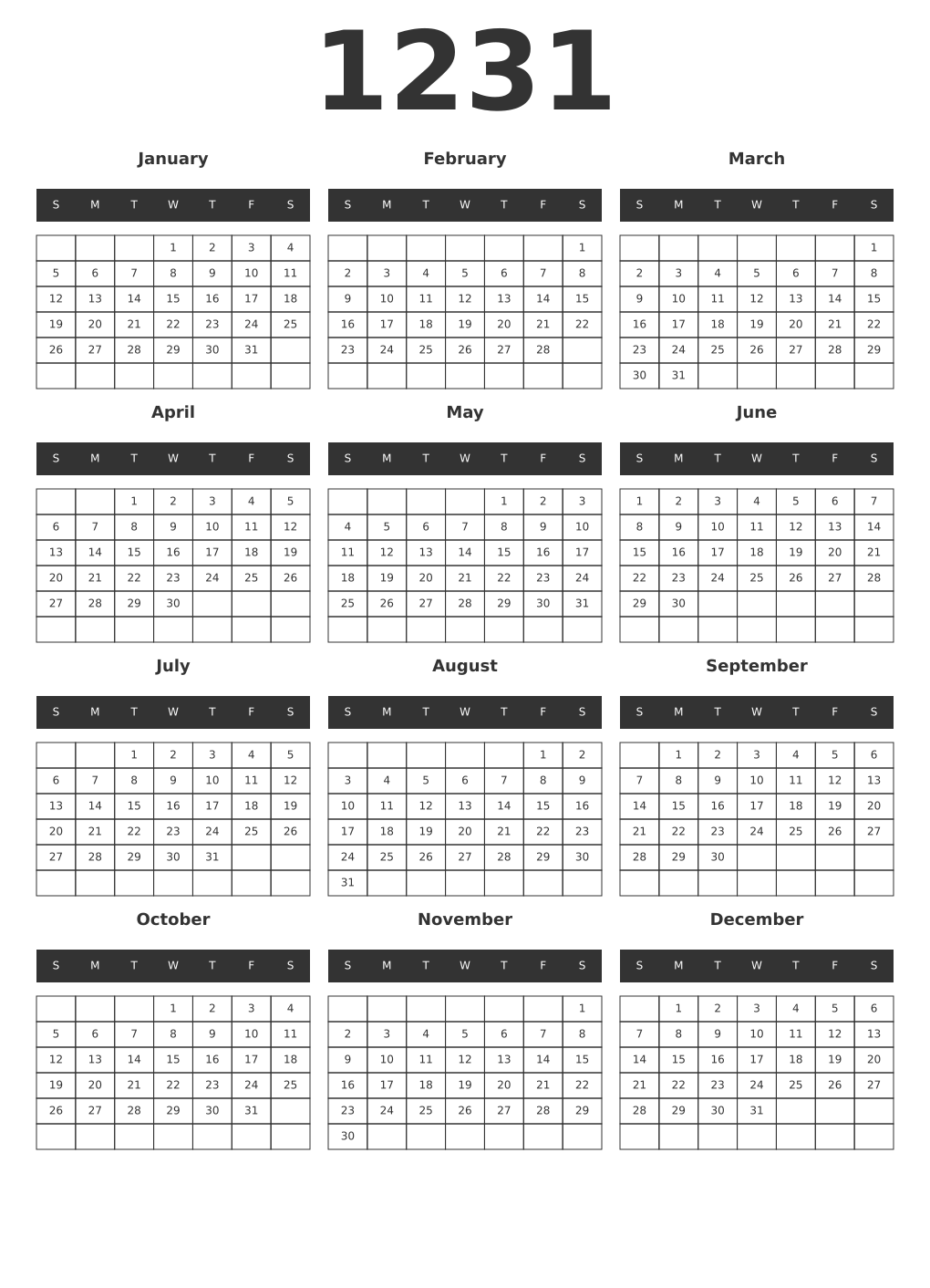 Printable 1231 Year Calendars dark